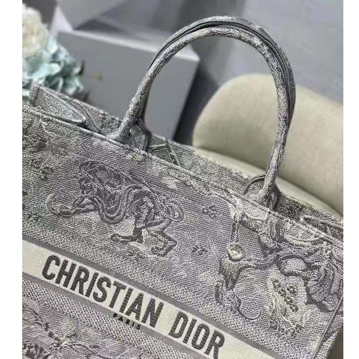 CD Unisex CD Large CD Book Tote Gray Toile De Jouy Embroidery