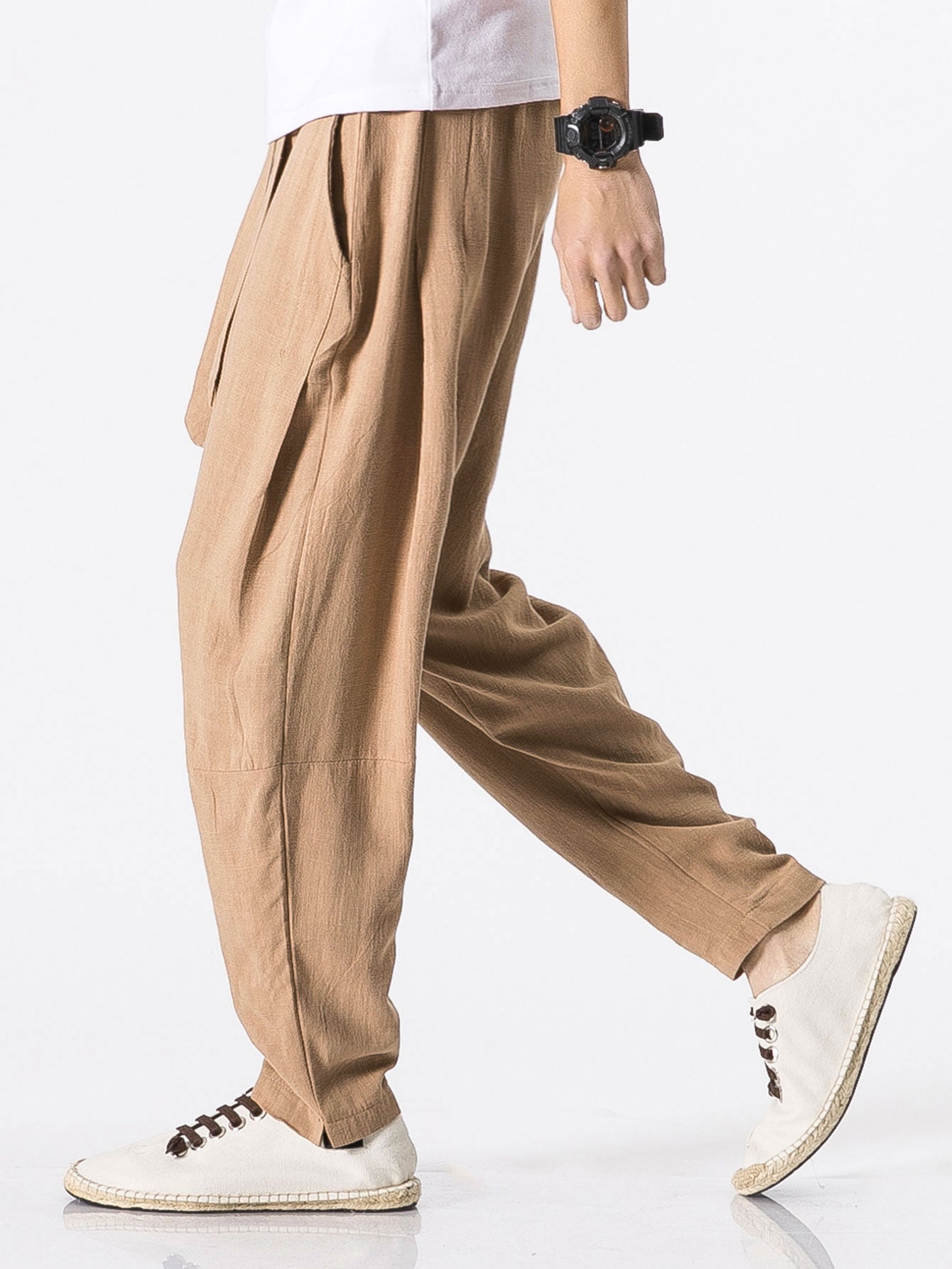 Pantalon harem décontracté en lin et coton mélangés, ceinture amovible