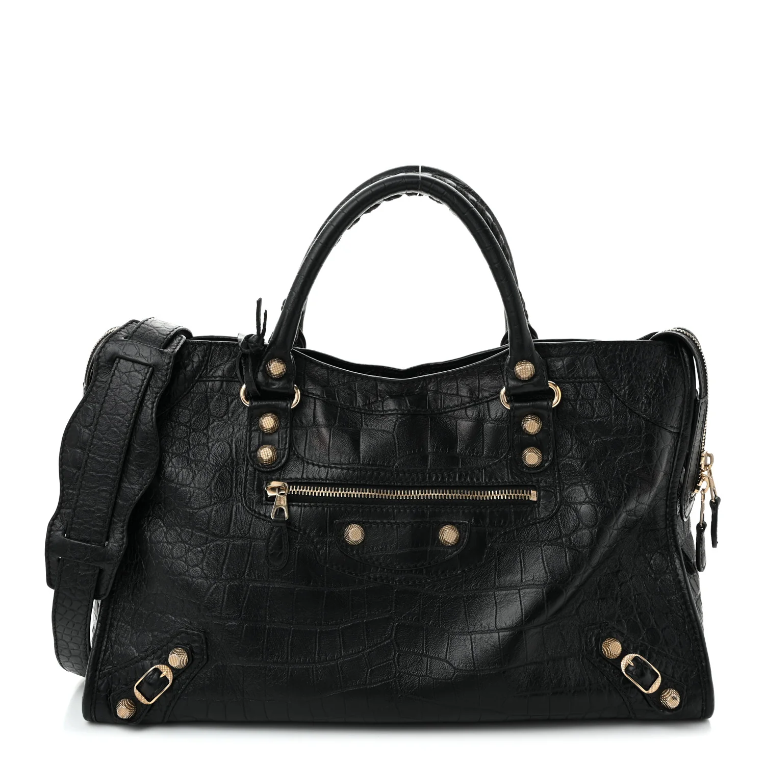 Calfskin Crocodile Embossed Giant 12 Gold Hardware City Black