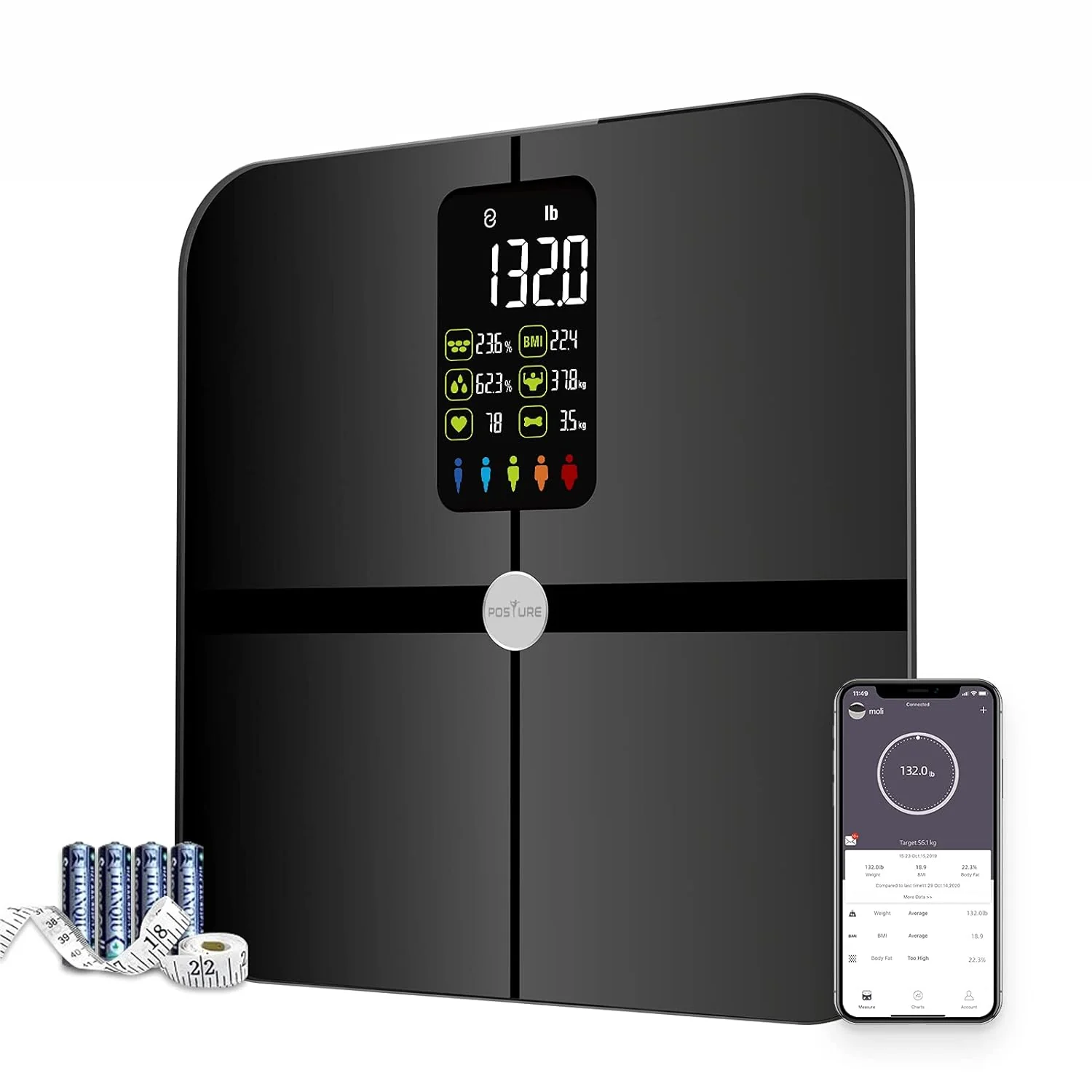 Body Fat Scale, Display Digital Bathroom Wireless Weight Scale Composition Analyzer with Heart Rate Heart Index & Body Balance with Free Smart-Phone APP 400Lb-（Black）