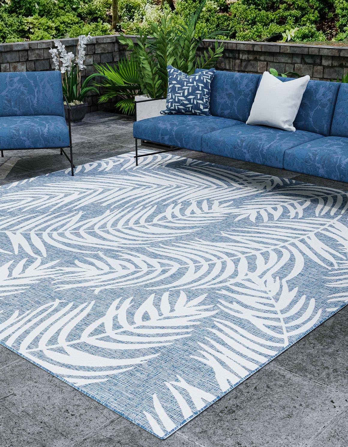 Outdoor Botanical 11 ft Square Blue Floral Area Rug Indoor Outdoor Rug