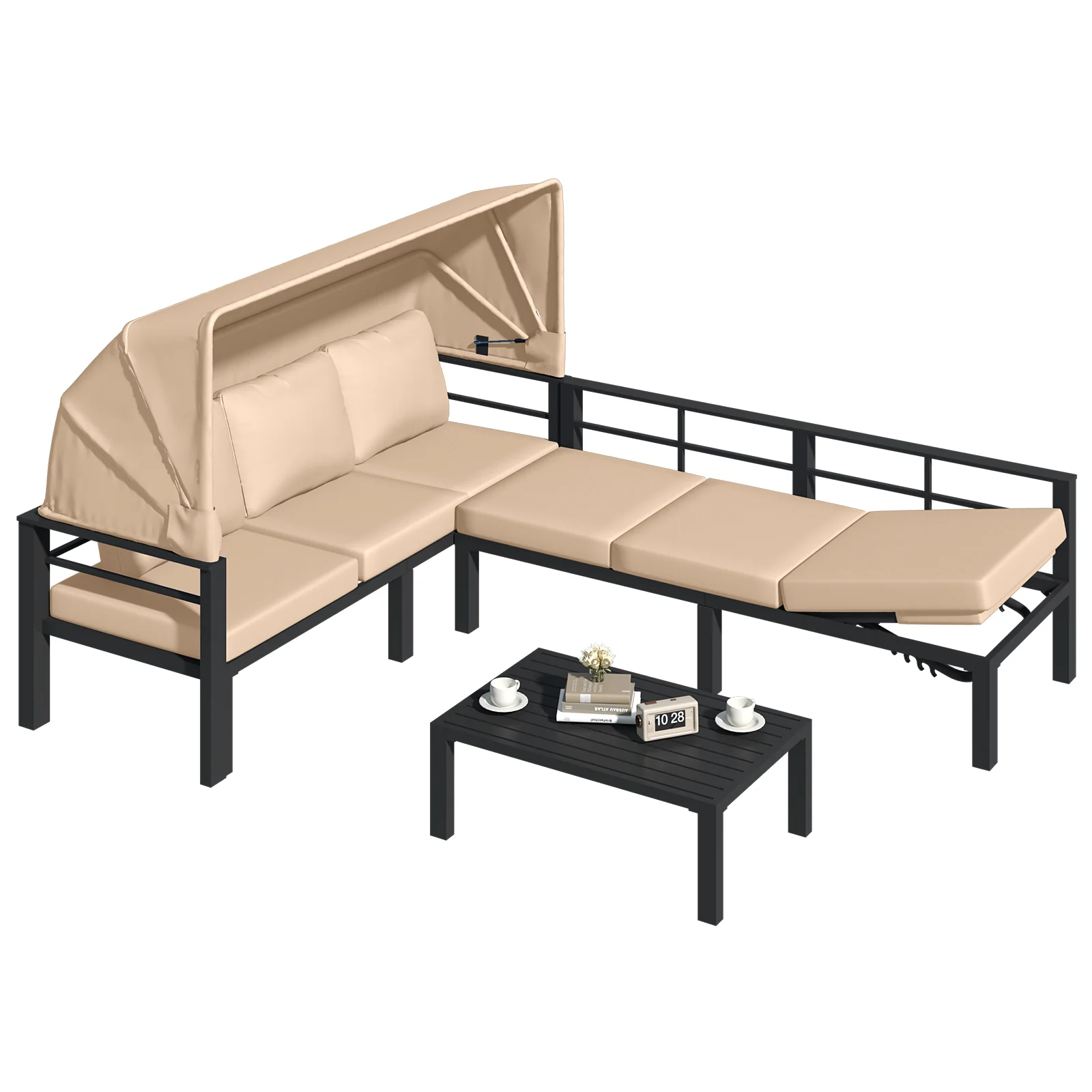 AECOJOY Patio Furniture Set with Retractable Canopy&2 Adjustable Backrests, Outdoor Conversation Set, Beige