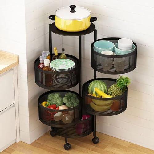 Rotating Fruit Basket, 5-Tier Metal Sturdy Kitchen Storage Rack Shelf Carts No Assembly On Rolling Wheels For Fruit Vegetable Grocery Corns
