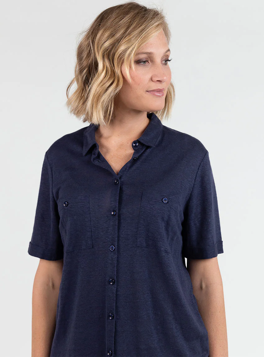 Chemisier maille en lin bleu marine