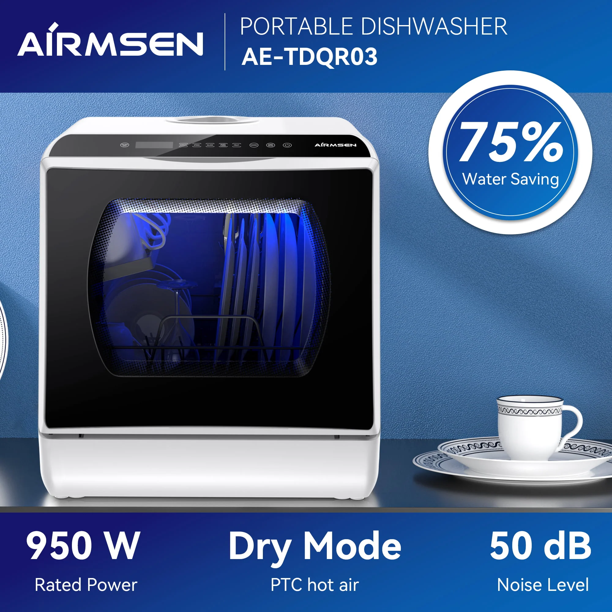 Portable Countertop Dishwasher with 5-Liter Built-in Water Tank and Air-Dry Function, 5 Washing Programs, AE-TDQR03 - Image 8