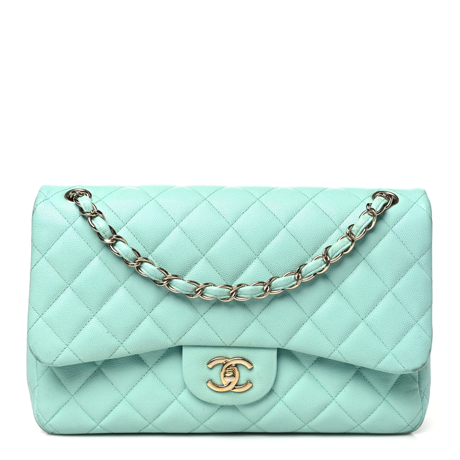 Caviar Quilted Jumbo Double Flap Light Green