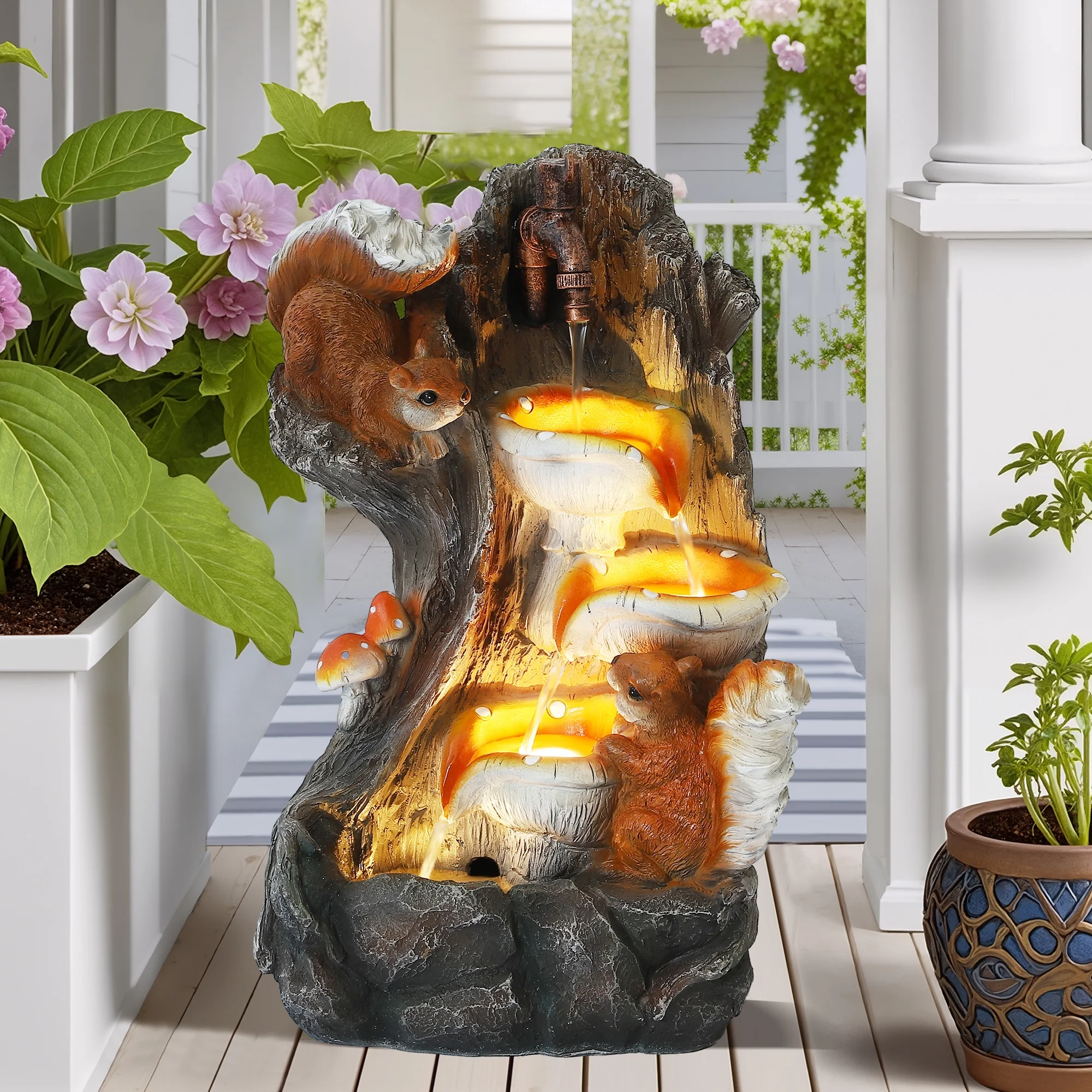 Outdoor Water Fountain, Garden Decor Outside Indoor Waterfall Cascading Rock Fountain with Retro Decorative Faucet, Patio Resin Fountains for Yard, Deck, Porch and Home, Imitation Stump - Image 8