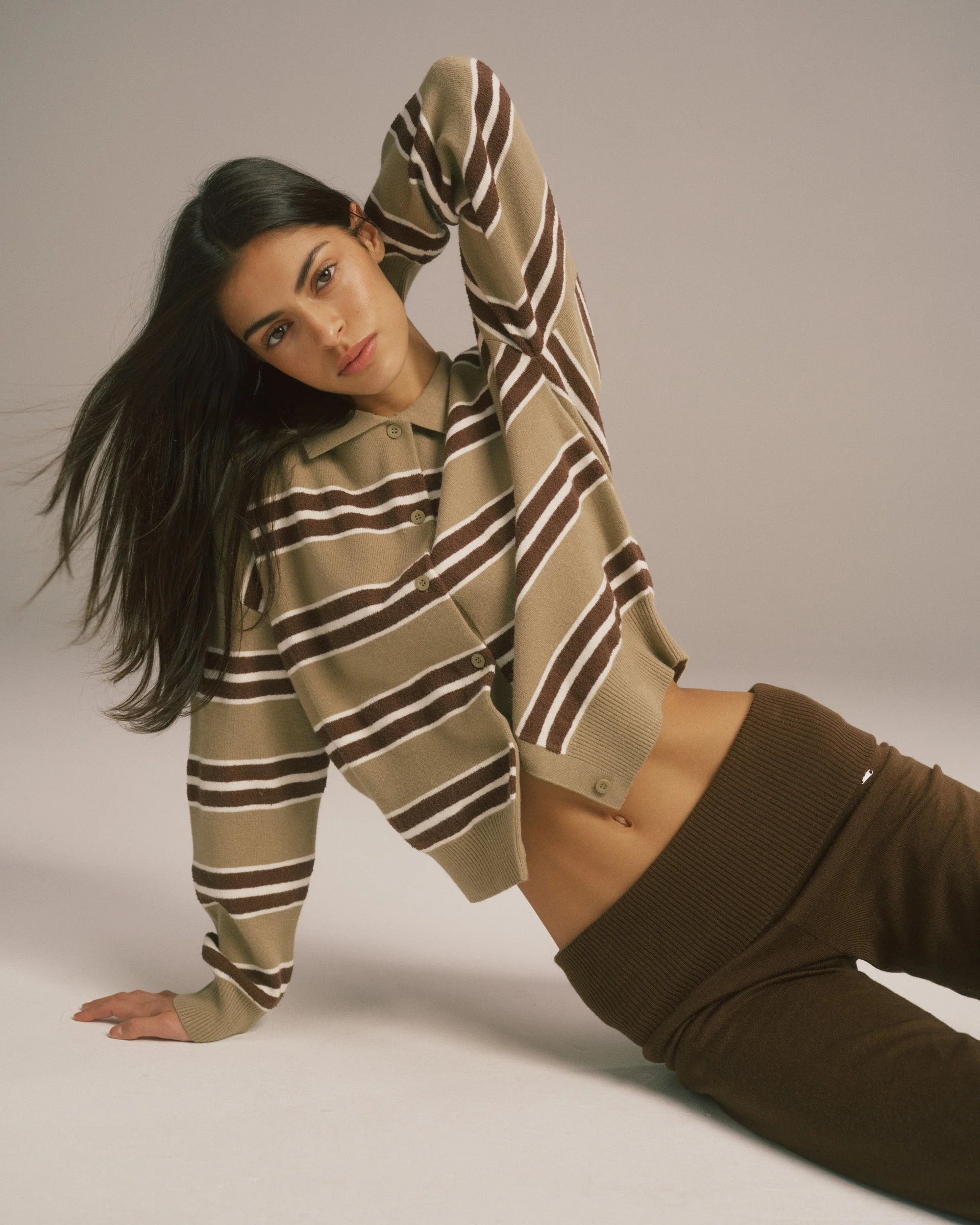 Knit Button Up Collar Sweatshirt - Pistachio Stripe