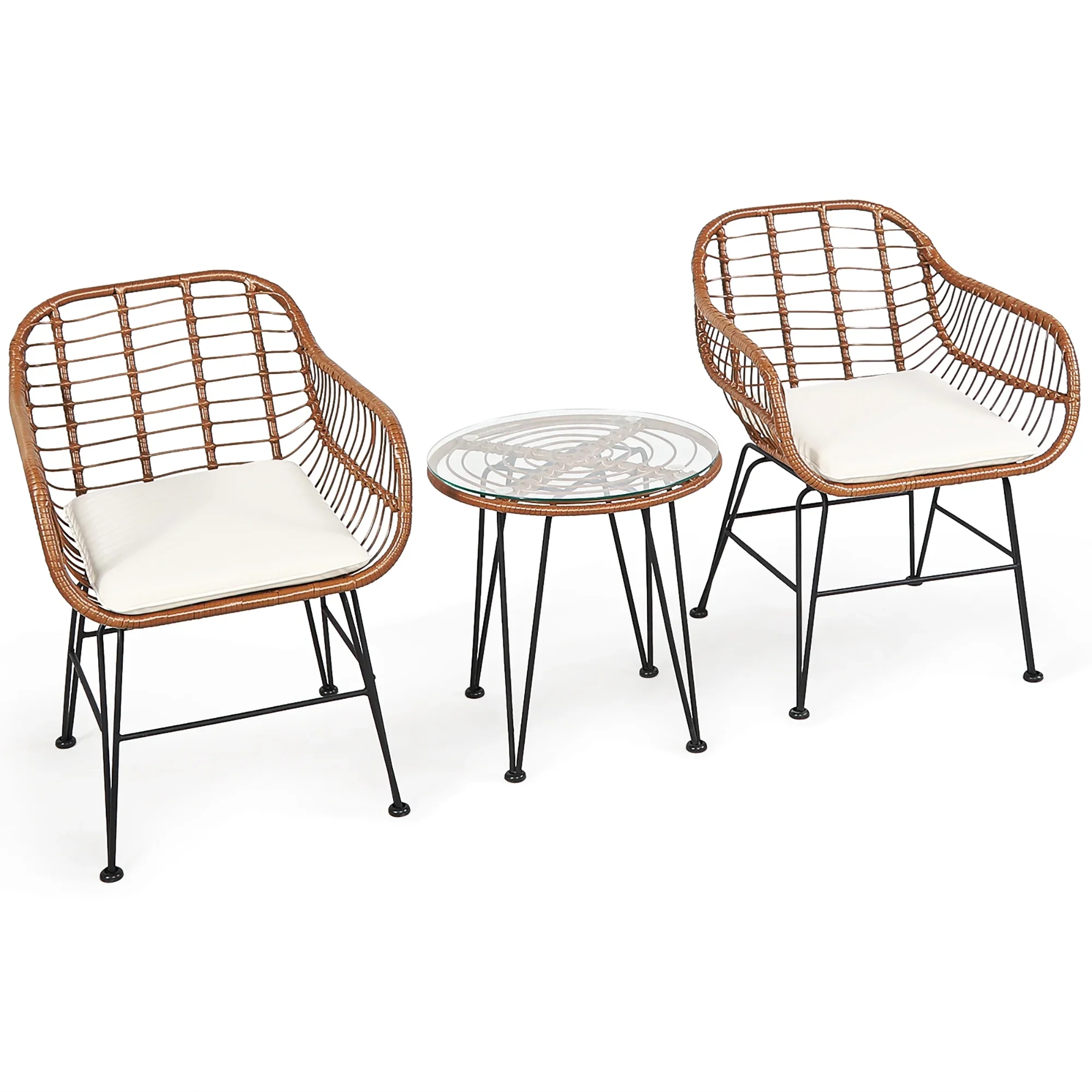 Costway 3PCS Patio Rattan Bistro Set Coffee Table Armchair Garden Red Cushion