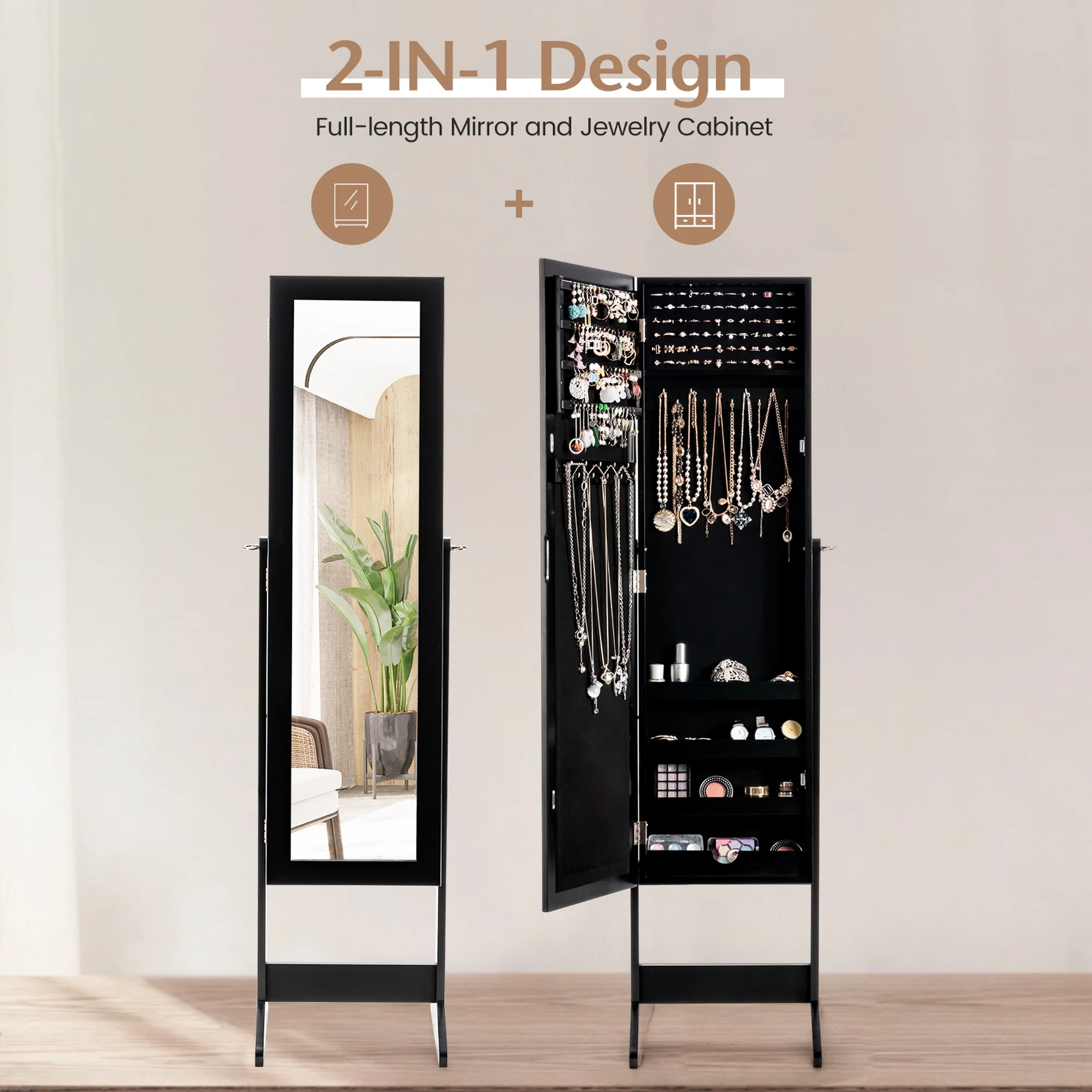 Jewelry Mirrored Cabinet Armoire Organizer Storage Box w/ Stand Christmas Gift(Black) - Image 8