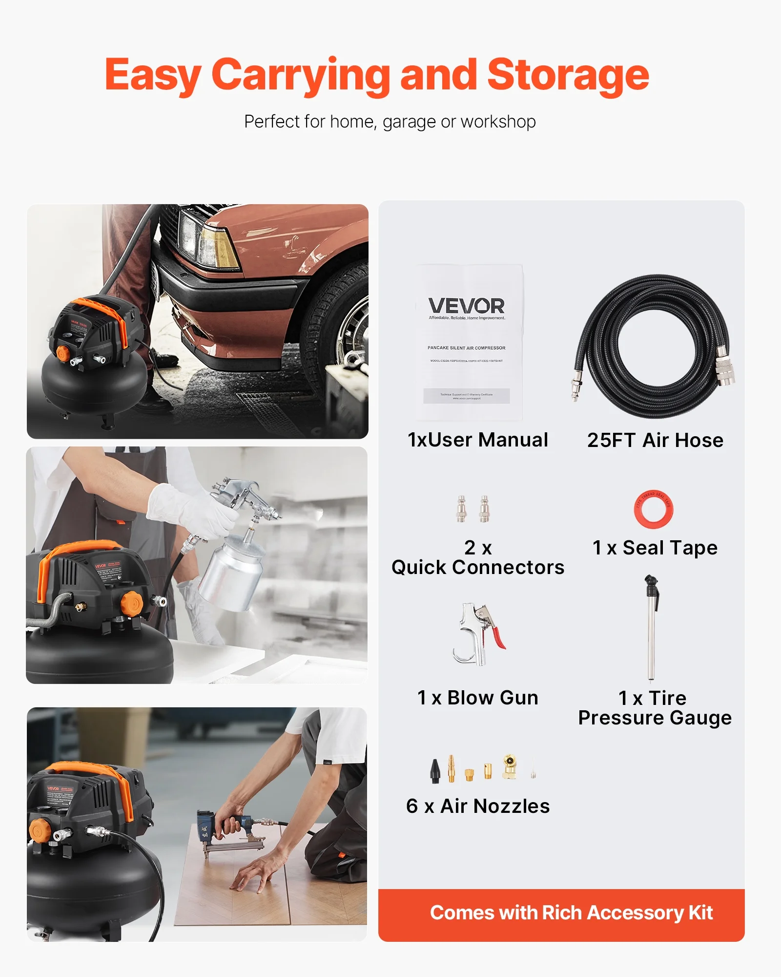 6 Gallon Air Compressor,1.7HP 2.3CFM@90PSI Portable Pancake Air Compressor 150PSI Max Pressure, 12-Piece Accessory Kit with 25FT Air Hose for Tire Inflation, Spray Painting, Woodwork Nailing - Image 5