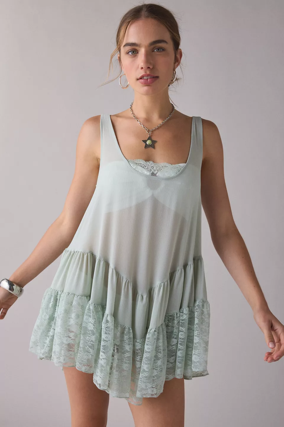 Out From Under River Ruffle Lace Trim Slip Dress-Mint