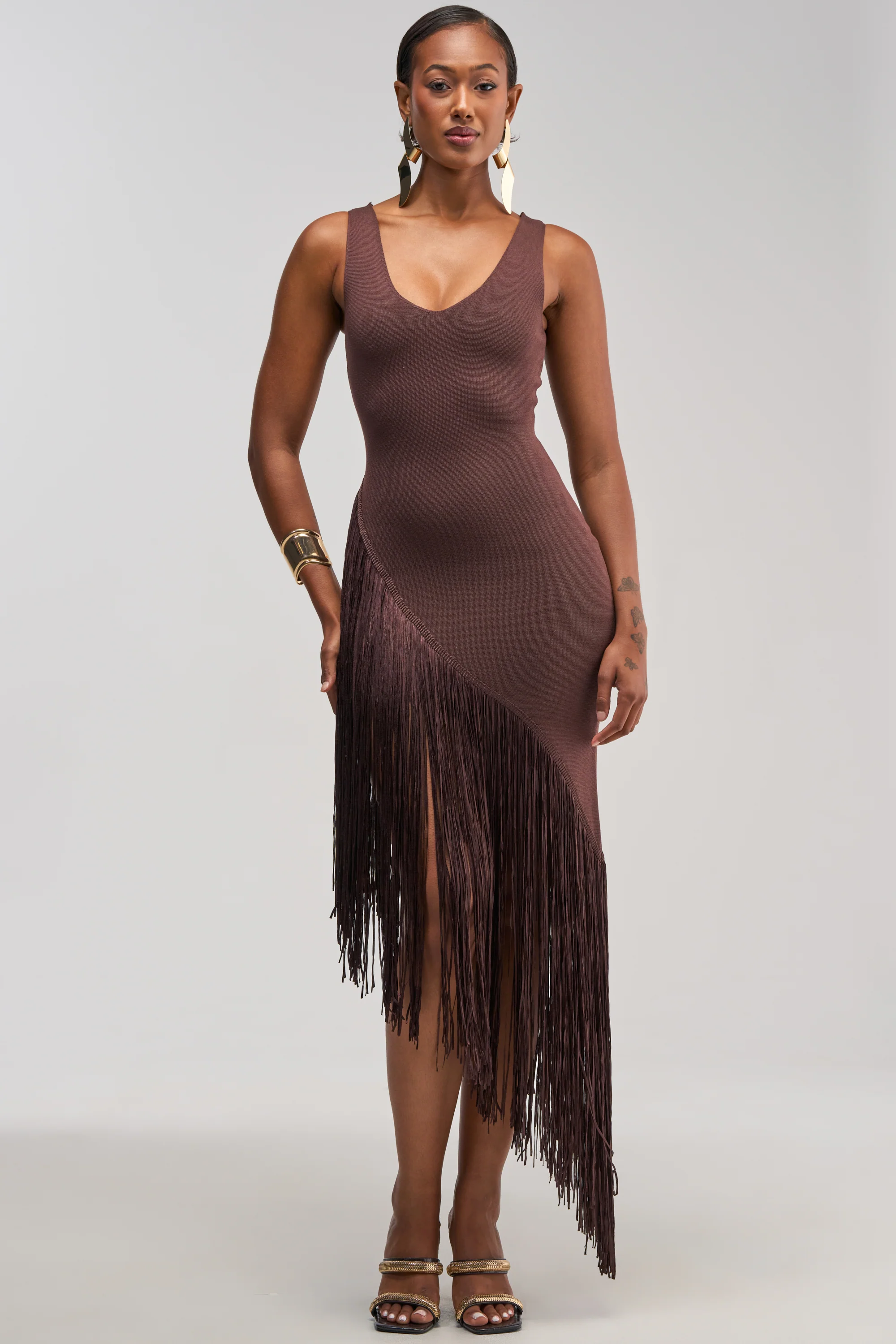 SHAKE IT FRINGE MIDI DRESS IN BROWN - Akira Store