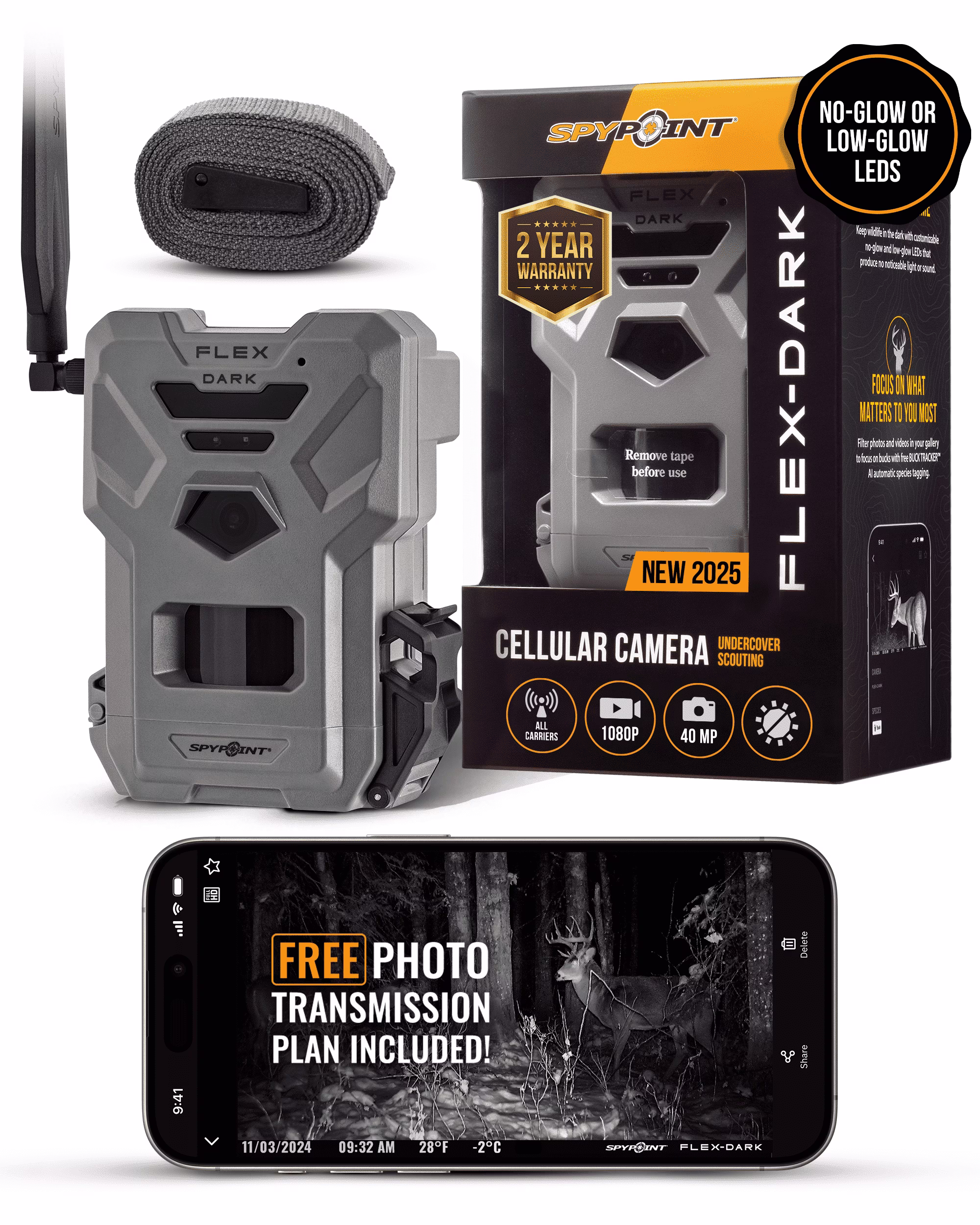 Flex-Dark Cellular Trail Camera, 40MP Photos and 1080p Videos w/Sound, Double The Battery Capacity, GPS-Enabled, Dual-SIM LTE Connectivity, 100' Flash Detection Range, 4 Capture Modes