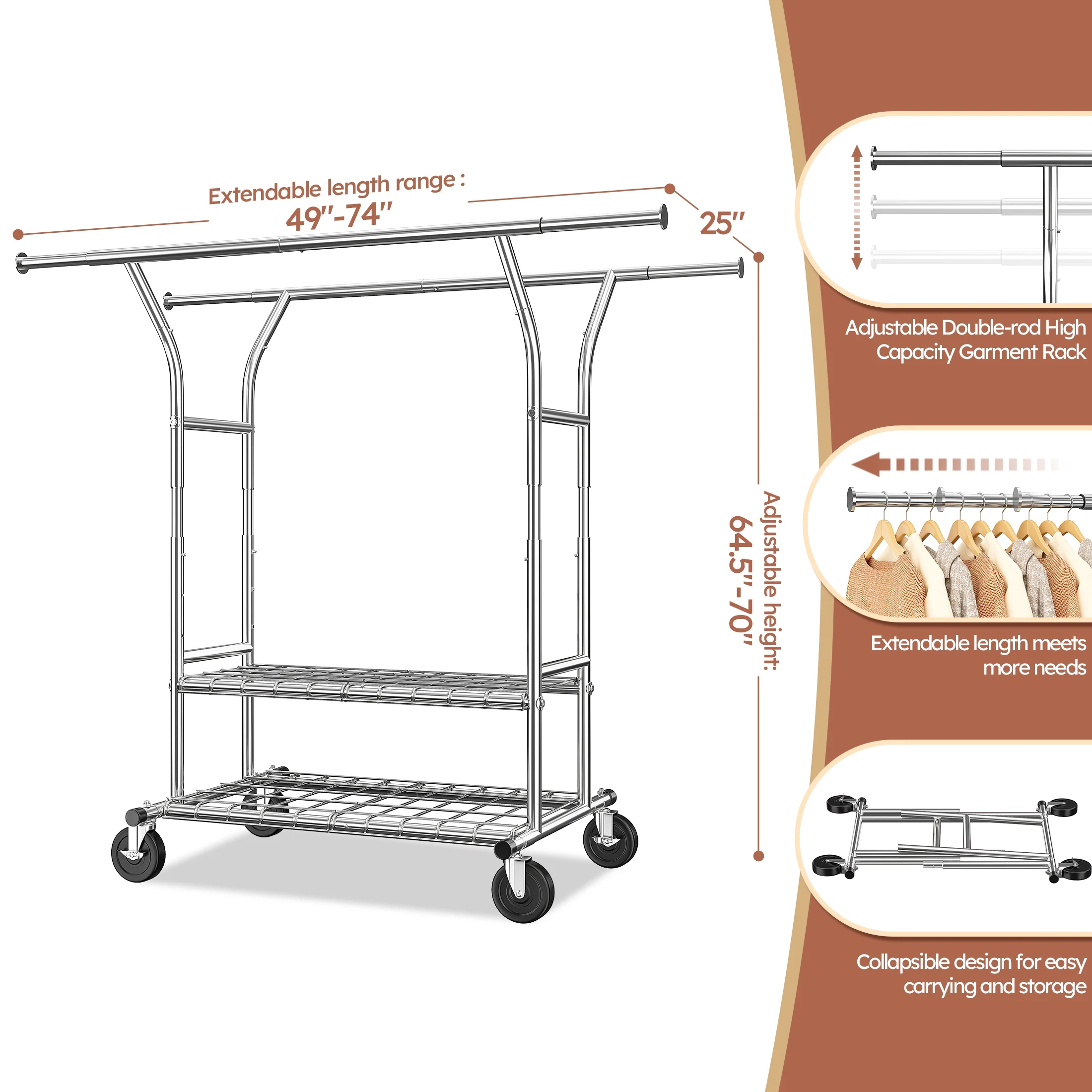 Clothes Rack with Wheels, Heavy-Duty Garment Rack for Hanging Clothes, Adjustable Freestanding Wardrobe Organizers and Storage with Double Sheves - Image 6