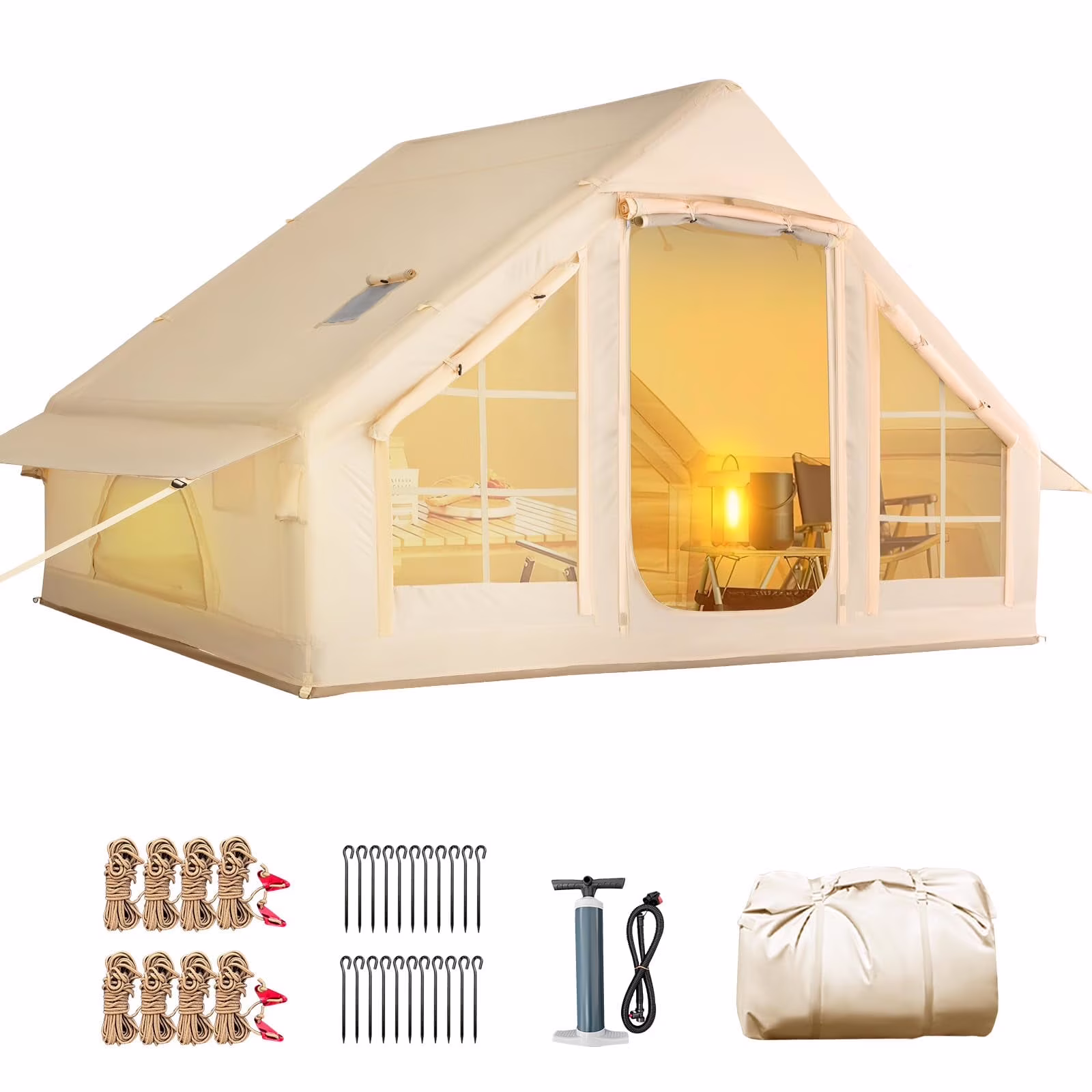 12'x8' Inflatable Tent, 96 SFT Blow Up Tent for Camping, 4 Season Oxford Glamping Tents with Clear Skylight, Pump Stove Jack(300D Oxford-Beige + Skylight) - Image 3