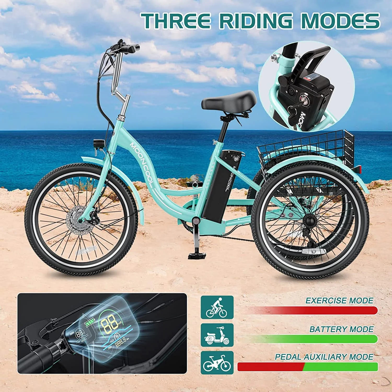 MOONCOOL Electric Tricycle, 350W 36V 24 Inches 7 Speeds 3 Wheels Electric Bikes for Adults, Motorized Electric Trike Three Wheel Electric Bicycle Image 10