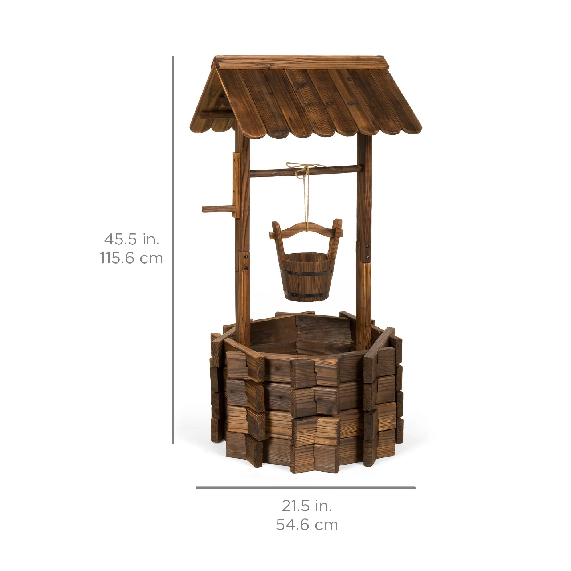 Rustic Wooden Wishing Well Planter Outdoor Home Decor for Patio, Garden, Yard w/ Hanging Bucket Image 6