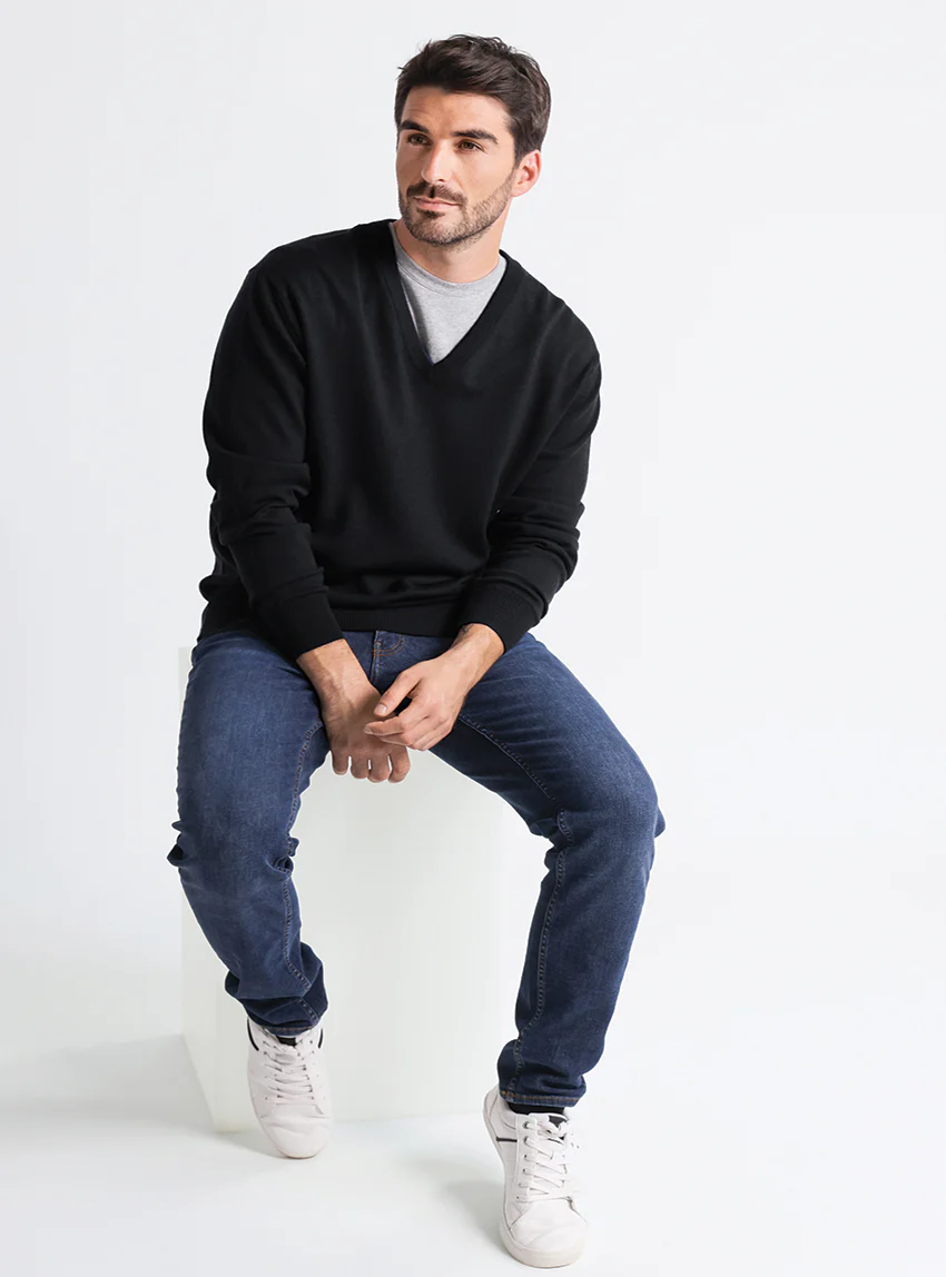 Pull homme col v  100% laine mérinos Noir