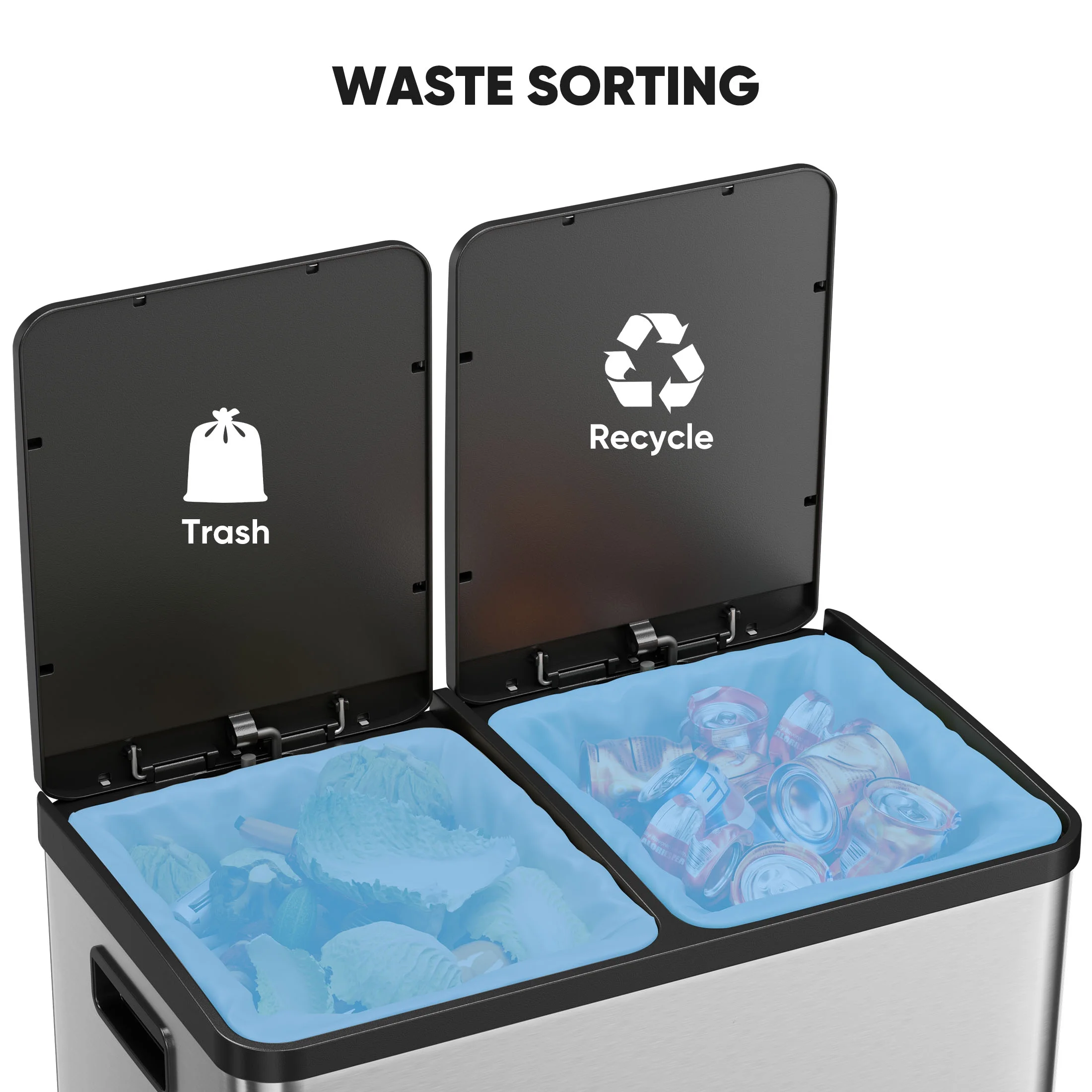 2 x 8.3 Gallon Dual Garbage Recycle Trash Can with Lid, Inner Buckets for Kitchen, Stainless Steel, Sliver(Sliver) - Image 7