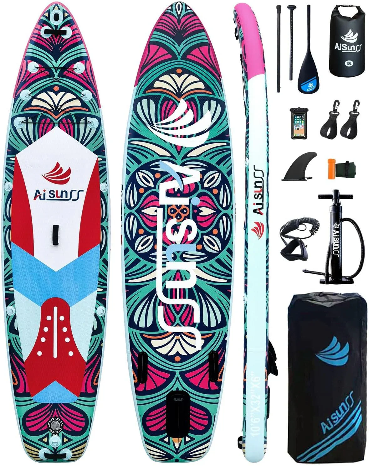 Planche de SUP gonflable large avec sac de transport, pompe à main et sac étanche de 10 L