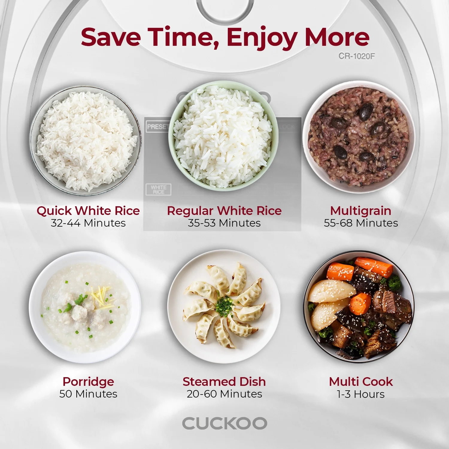 Rice Cooker 20 Cups Cooked Warmer with Nonstick Pot 16 Menu Modes and Micom Fuzzy Logic Tech with Auto Clean Features in White (CR-1020F)(10 Cups) - Image 2