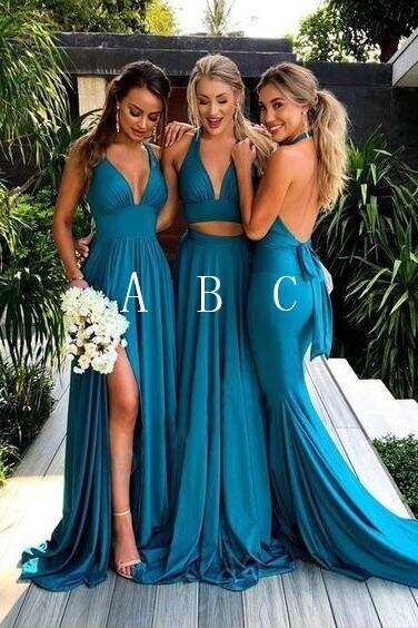 Simple Deep V-Neck Long Blue Backless Bridesmaid Dresses With Split DMG48
