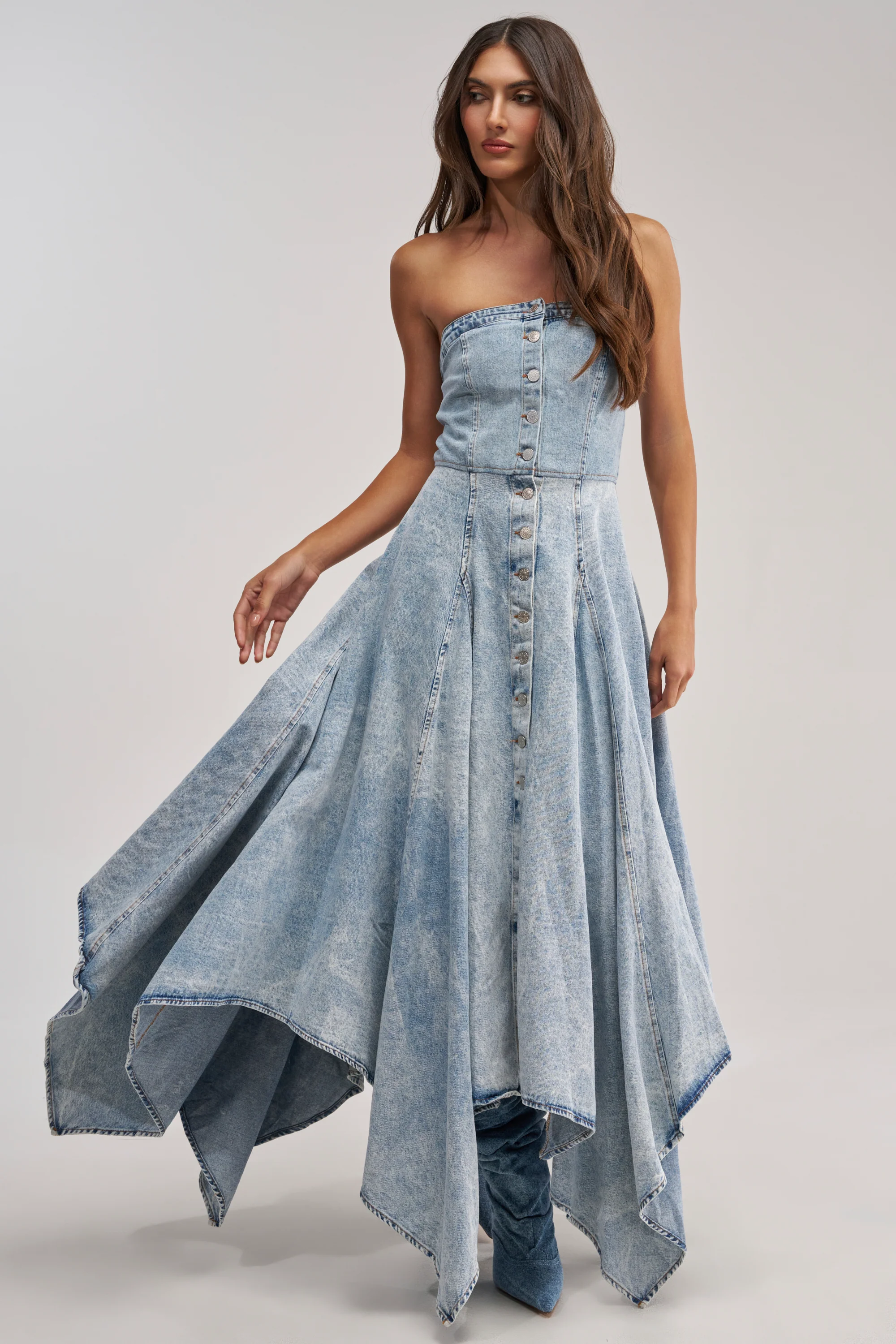 MISS ME YET STRAPLESS DENIM MIDI DRESS - Akira Store