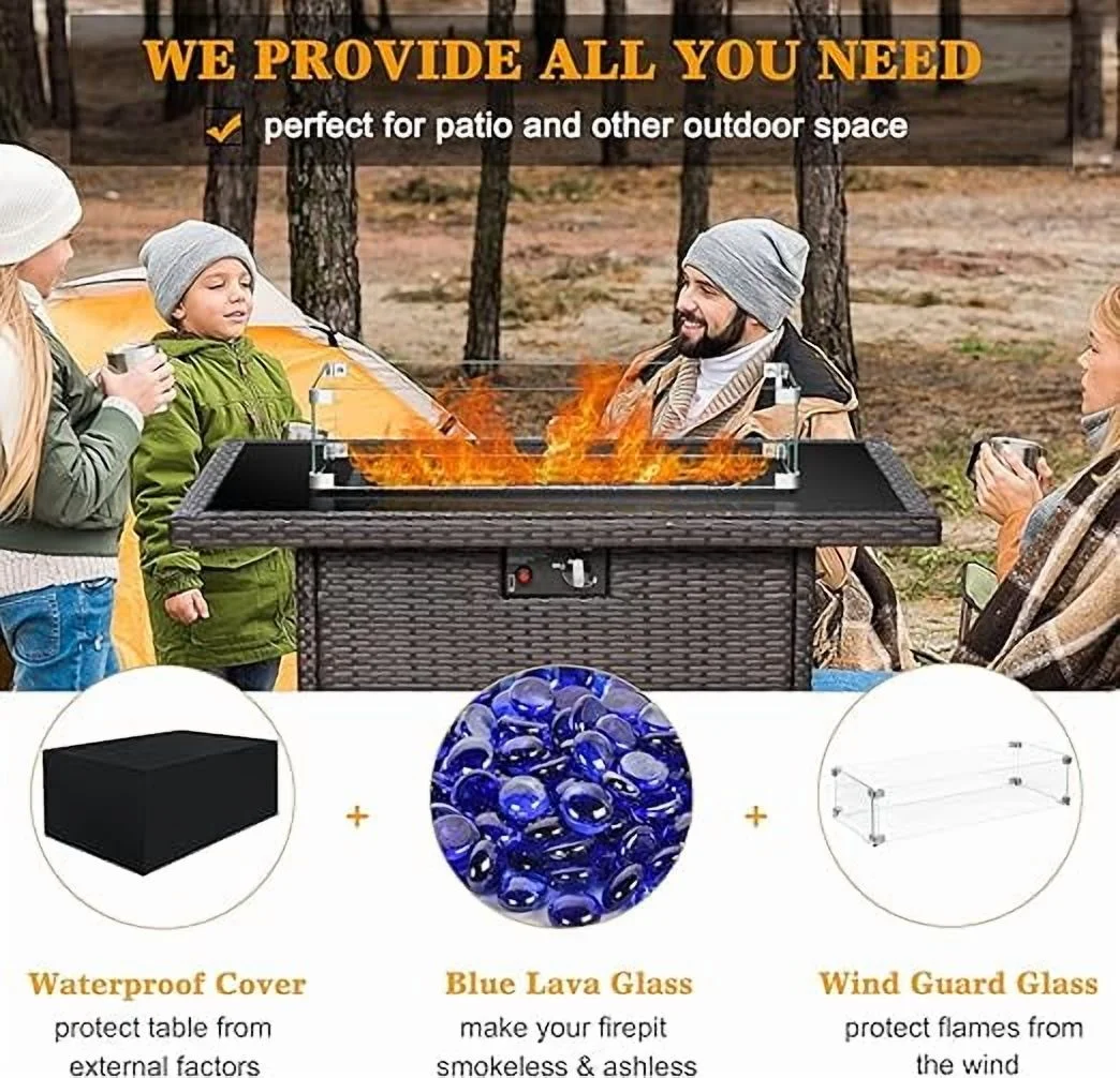 44" Propane Gas Fire Pit Table, 55000 BTU Rectangular Fire Pit with Glass Wind Guard for Outside Patio Deck Garden Backyard(Brown-Glass Top) - Image 8