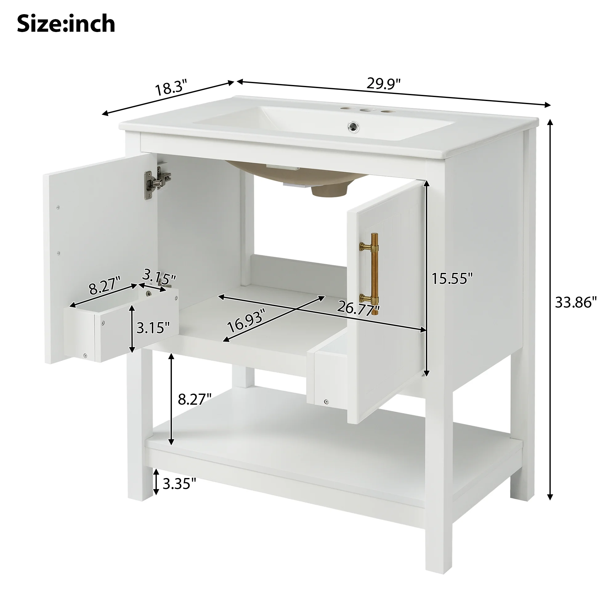 30-Inch White Bathroom Vanity with Ceramic Sink and Versatile Storage Ideal for Small Bathrooms, White(White) - Image 9