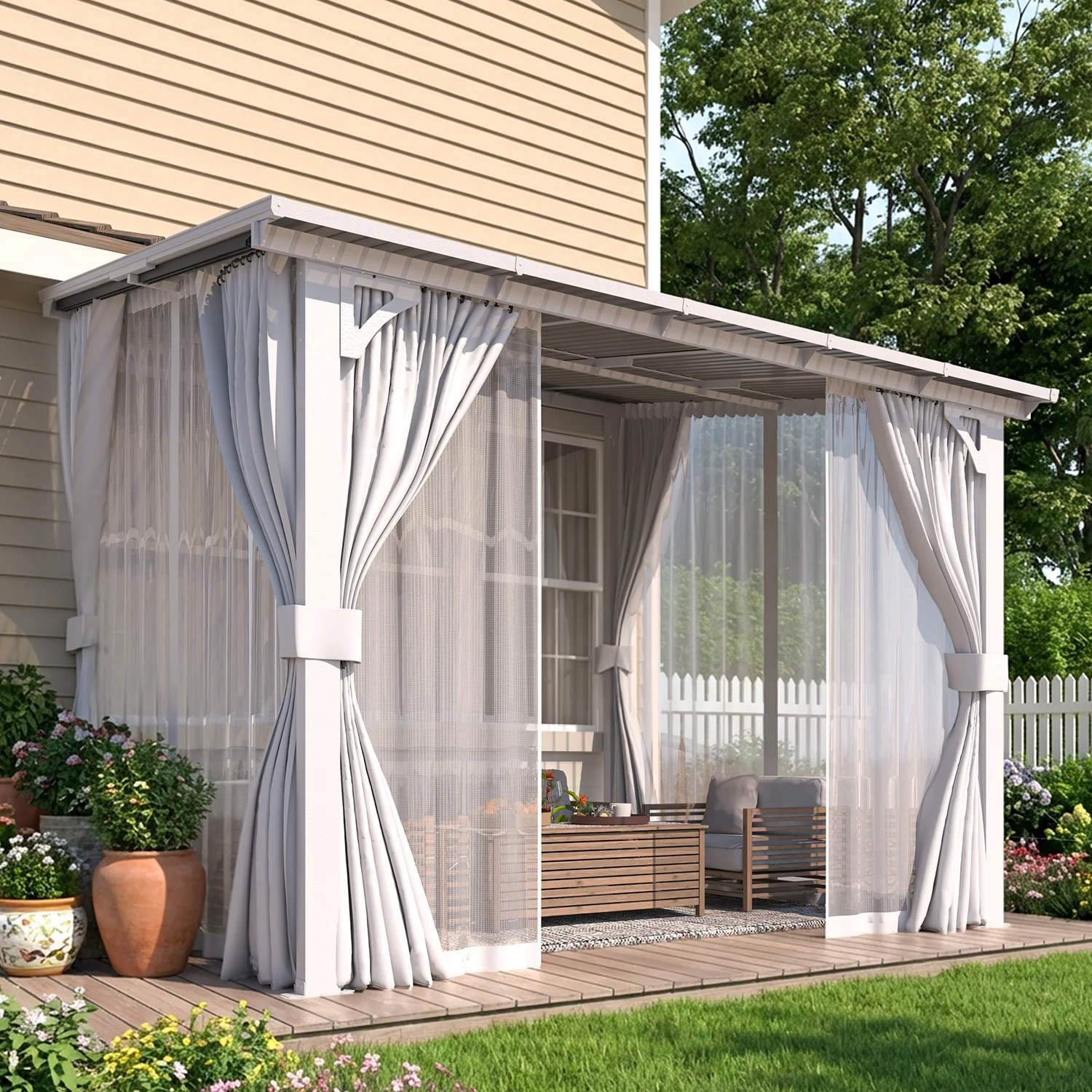 AECOJOY 10'x8' Wall Gazebo with Curtains and Mosquito Netting, White