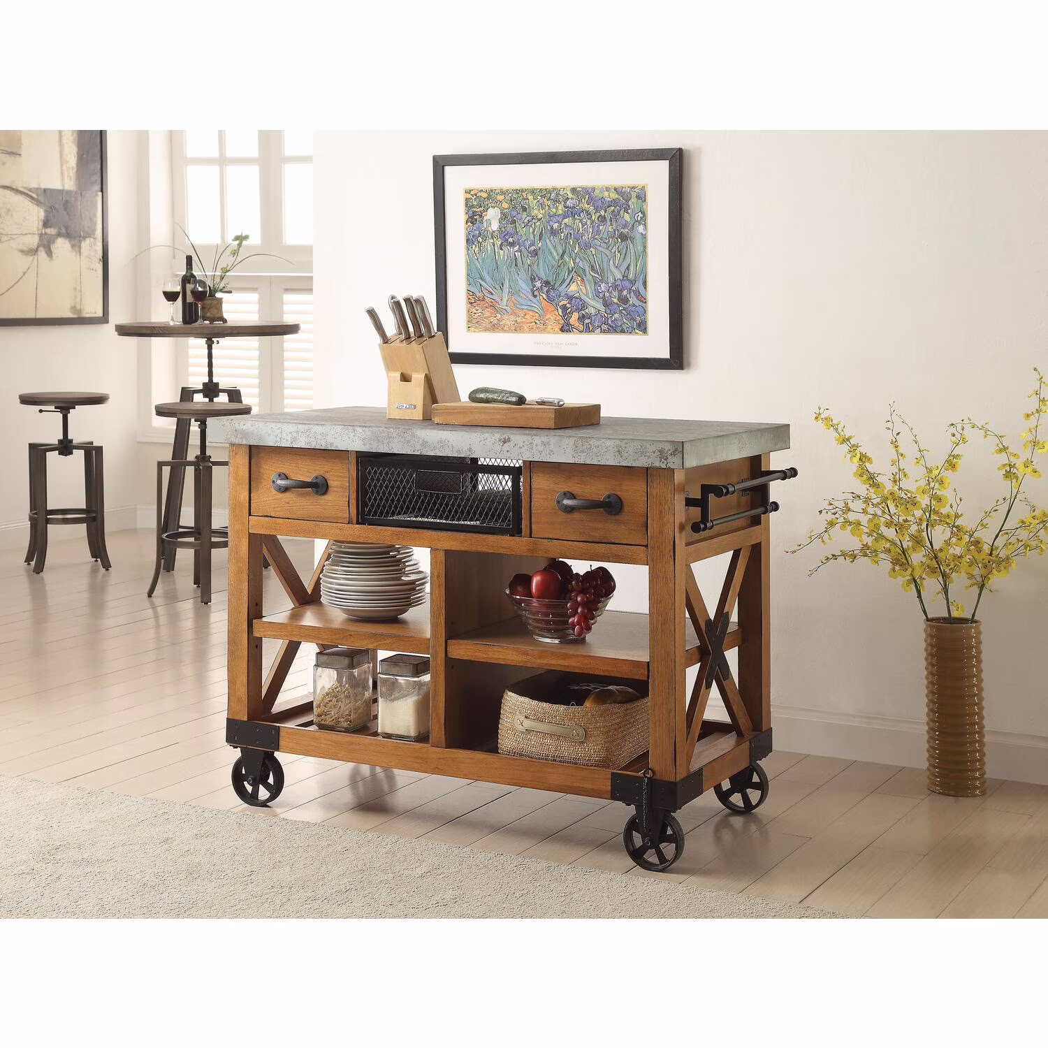 ACME Kailey 2-Drawer Wooden Kitchen Cart with 2 Shelves in Antique Oak(Oak)