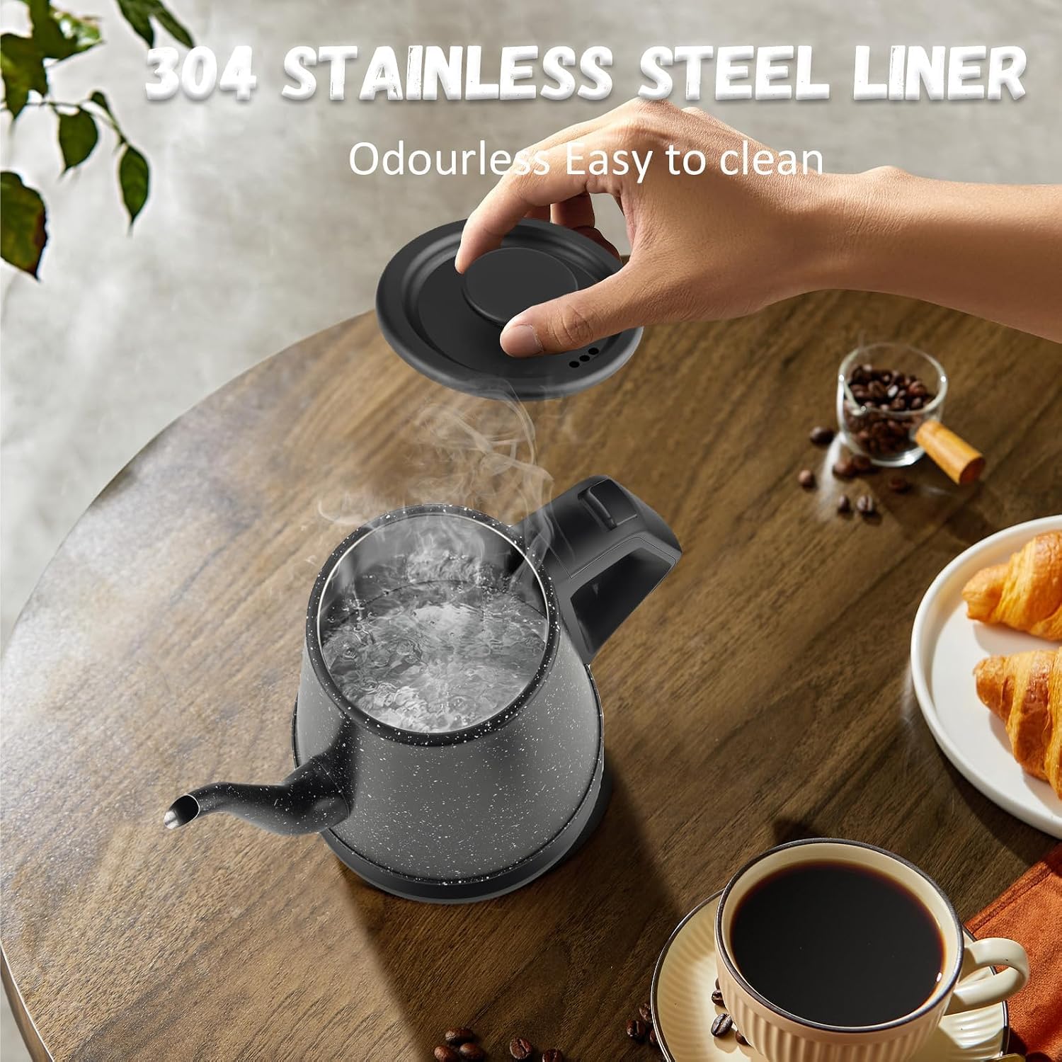 Gooseneck Electric Kettle 1L, 1000W Stainless Steel, Black