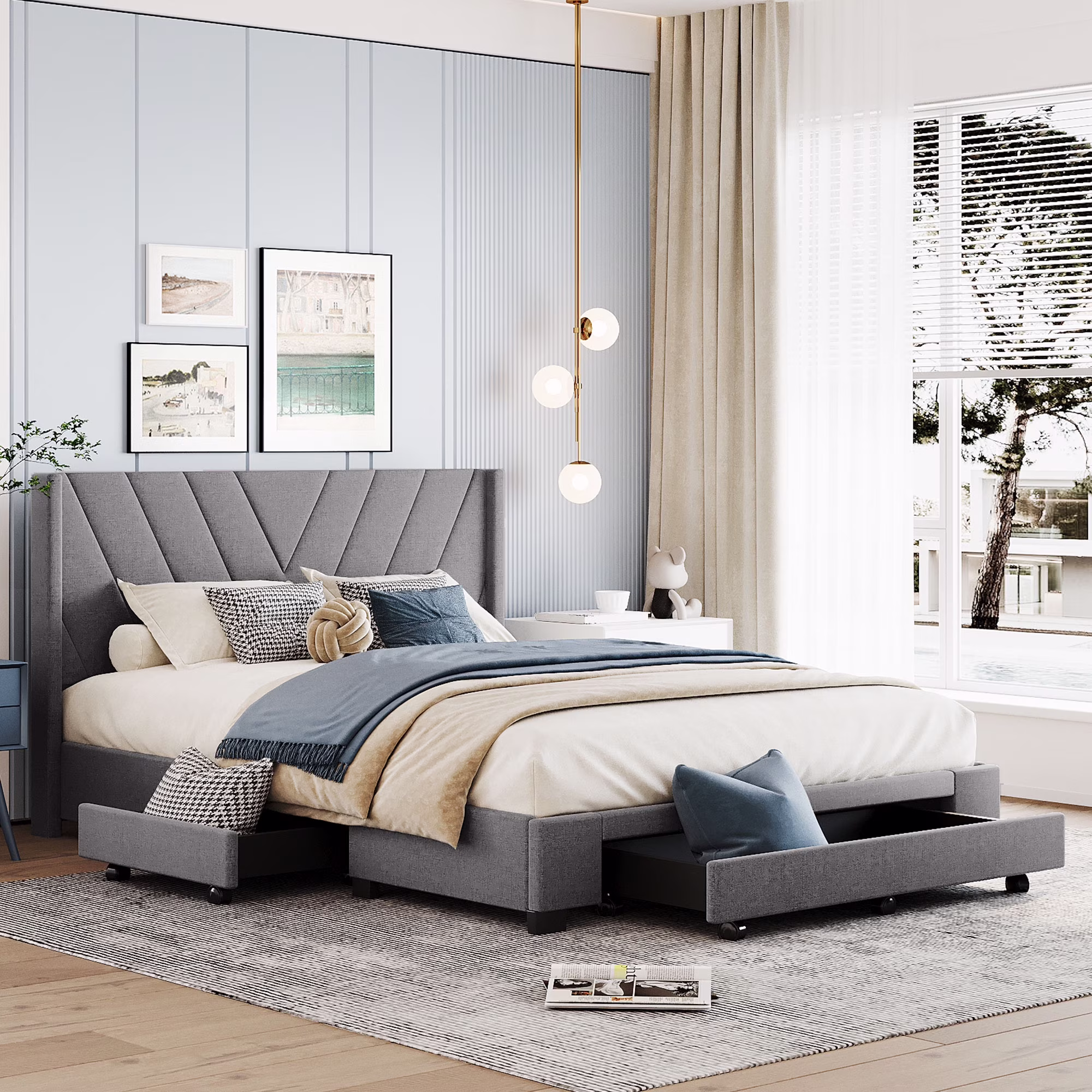 Queen Bed Frame with Storage, New Upgraded Linen Upholstered Platform Bed with 3 Drawers, Queen Size Storage Bed with Headboard and Wooden Slats, No Box Spring Needed, Holds 500lbs, Beige(White) - Image 3