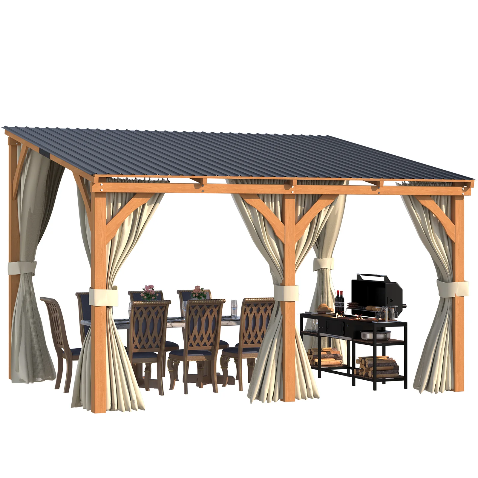 AECOJOY 12x10 Outdoor Wooden Pergola Gazebo with Curtains and Netting for Patio