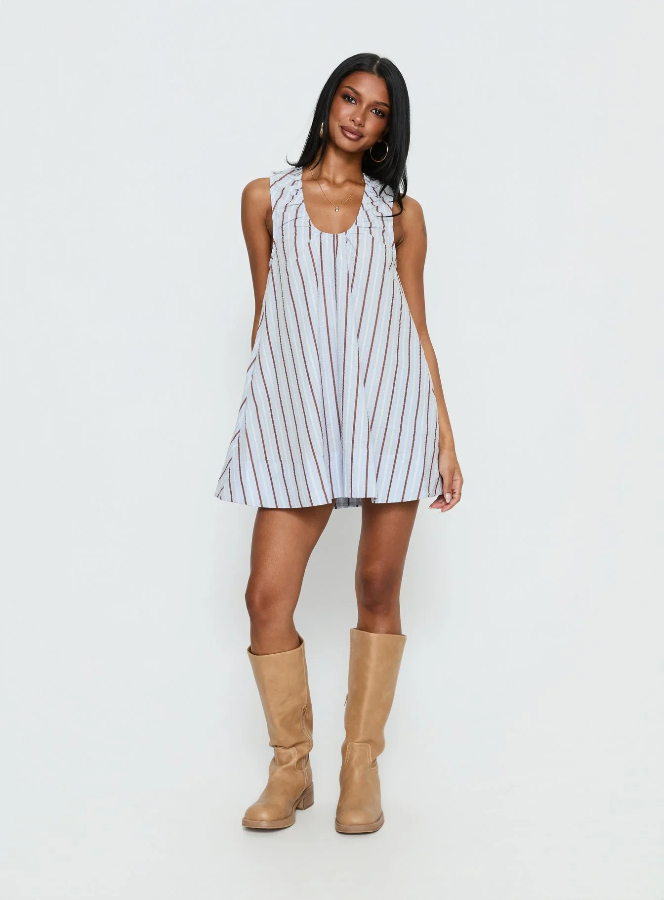 Eberta Ruched Baby Doll Mini Dress Blue Stripe