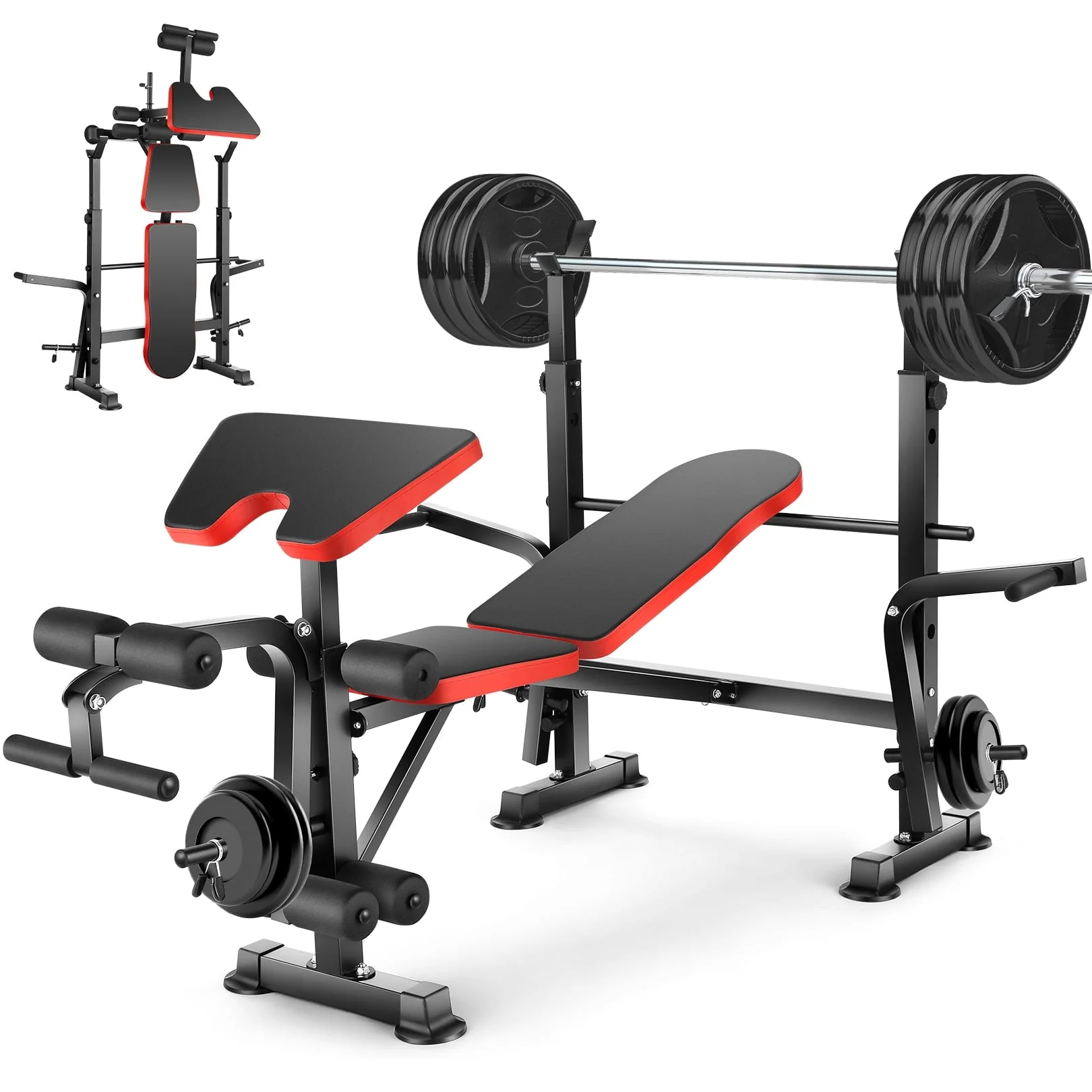 VIBESPARK Adjustable Weight Bench 600 lb 5 - in - 1 Foldable Workout Bench Set with Barbell Rack Leg Developer Preacher Curl Rack Dumbbell Fly Attachment, Multi - Function Strength Training Bench Press