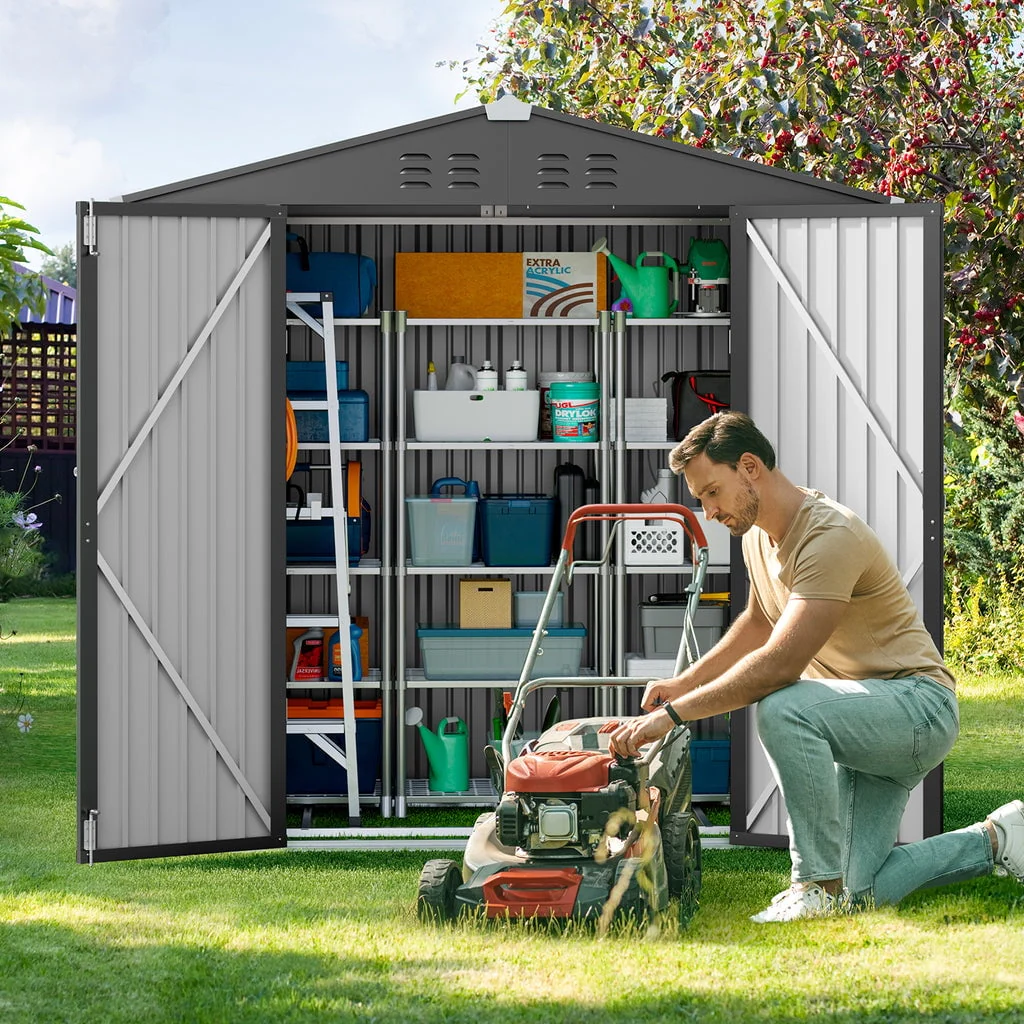 8 x 6 FT Outdoor Storage Shed on Clearance with Metal Base Frame and Double Lockable Doors for Garden, Patio Gray(6' x 4'/Brown) Image 9