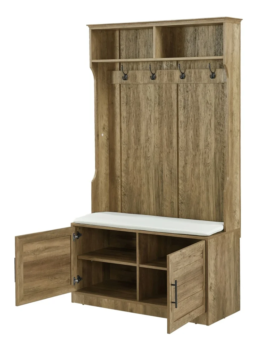 Entryway Hall Tree with Storage Bench, Wooden Coat Rack with Sponge Pad and 4 Dual Hooks, Storage Shelf Organizer with 2-Door Cabinet for Entryway, Bedroom, Easy to Assemble(Natural) - Image 4