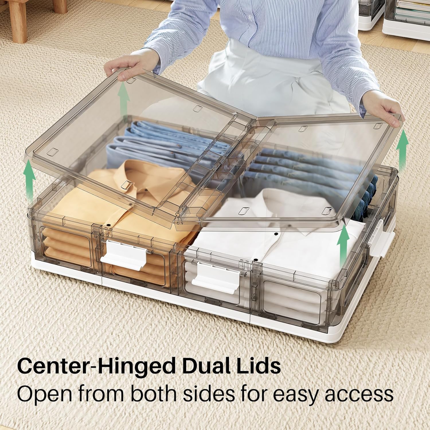 Kitstorack Clear Plastic Under Bed Storage Containers Bins with Lids and 8 Pre-installed Wheels, 37.8 Qt, Rolling Foldable Flat Under Bed Organizer Boxes for Clothes, Shoes, Clothing, Bedroom