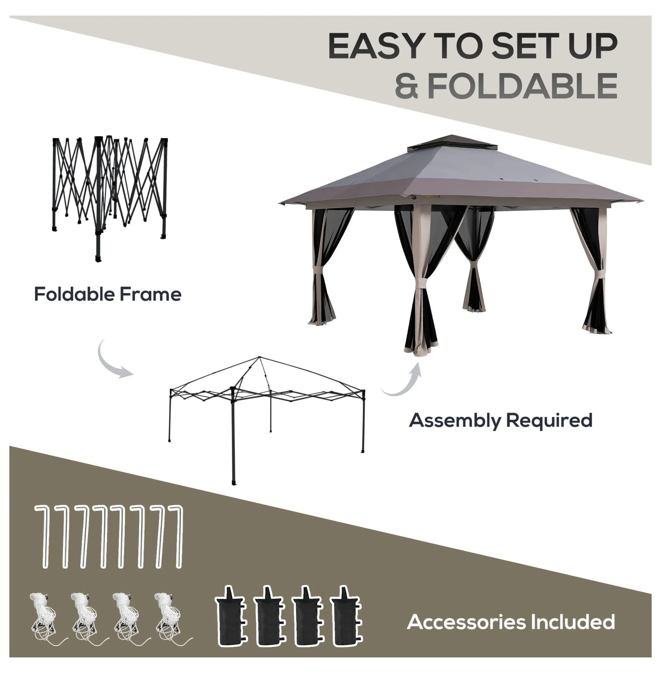 Pop Up Gazebo 13x13 Instant Canopy Shelter - 2-Tier Roof, Carry Bag, Gray - Garden Leisure, Camping, Party Tent with UV50+ Protection