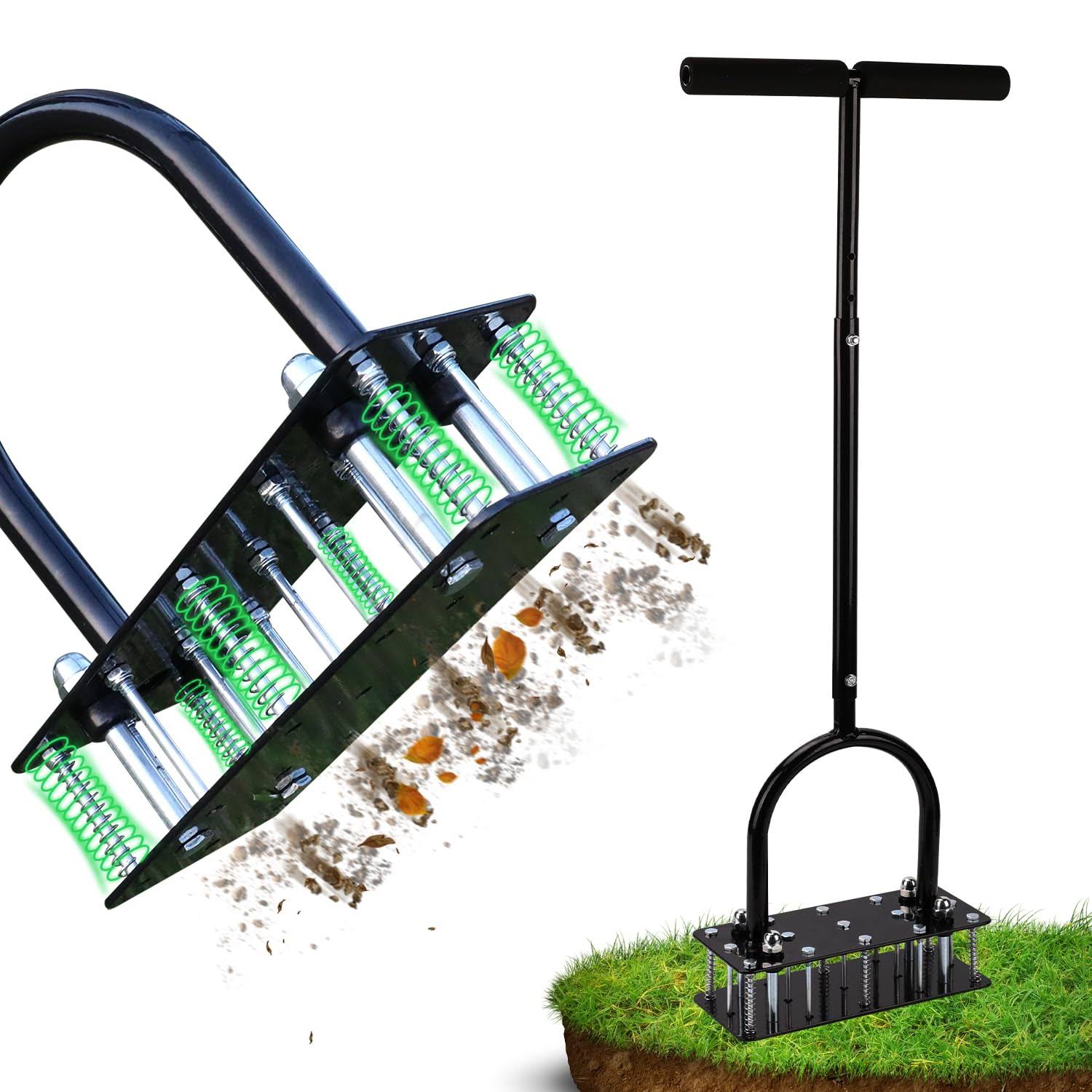 RIFPOD Lawn Aerator - Aerator Lawn Tool, Automatic Dirt and Leaf Clean Design, Heavy Duty Manual Lawn Aerator Tool with 15 Iron Spikes, Height