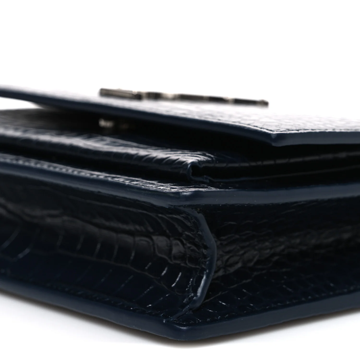 Calfskin Crocodile Embossed Monogram Sunset Chain Wallet New Cobalt