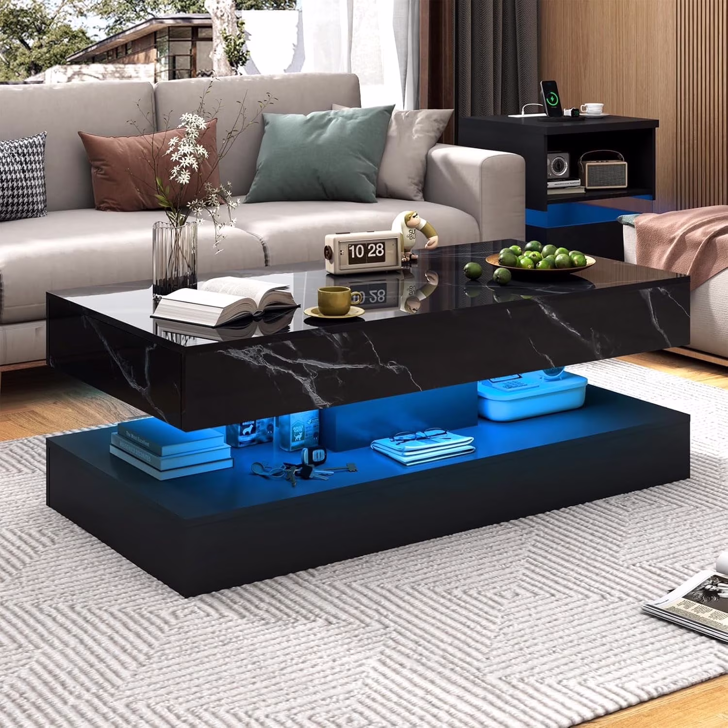 Large Black LED Coffee Table with 2 Storage Drawers, Modern High Gloss Coffee Table w/20 Colors LED Lights/APP Control, 2 Tiers Rectangle Large Living Room Furniture w/Marbling Print(47.3")(Black Marbling Print)