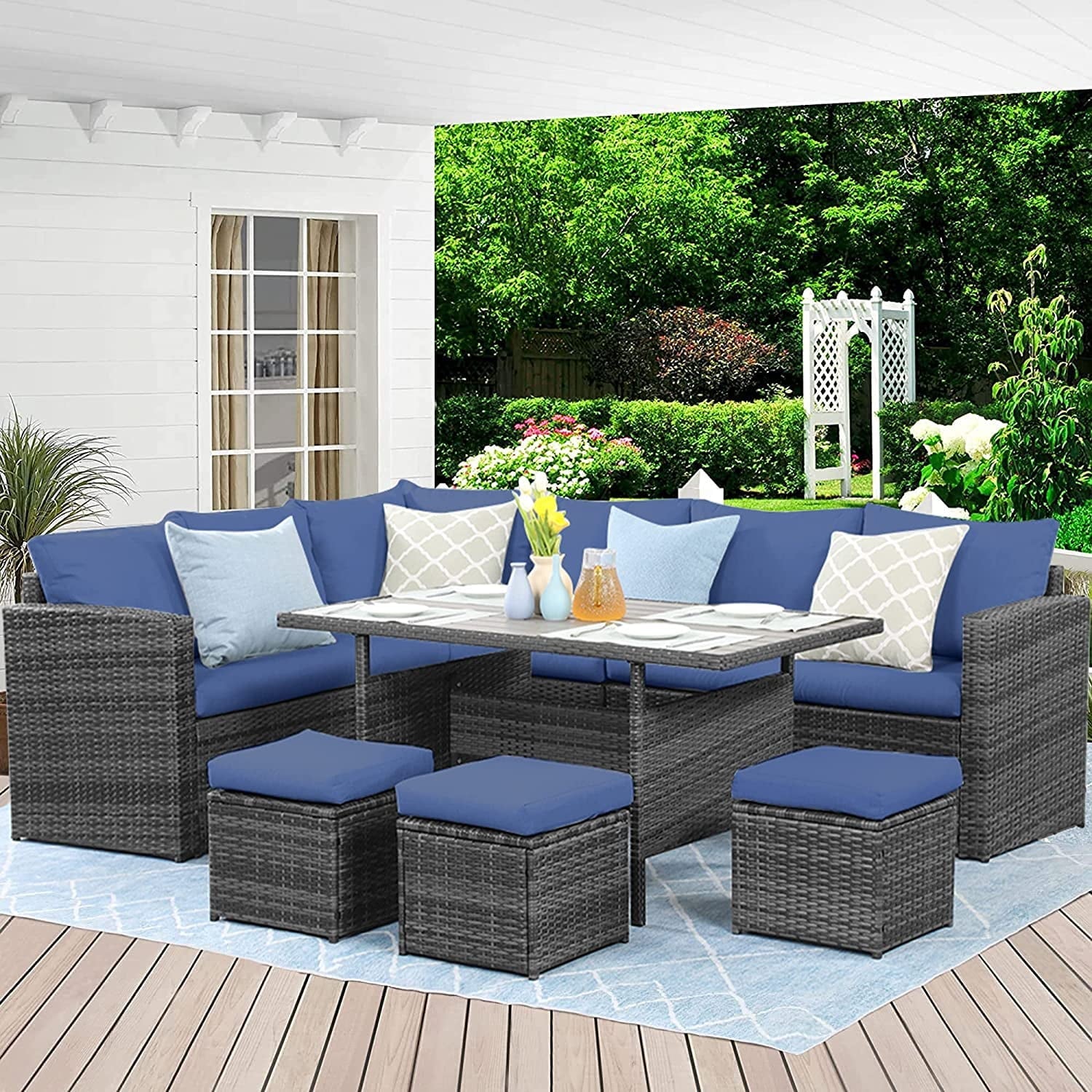 7 Pcs Outdoor Wicker Dining Set Patio Sectional Conversation Set with Table,Steel Frame,Ivory(Blue)