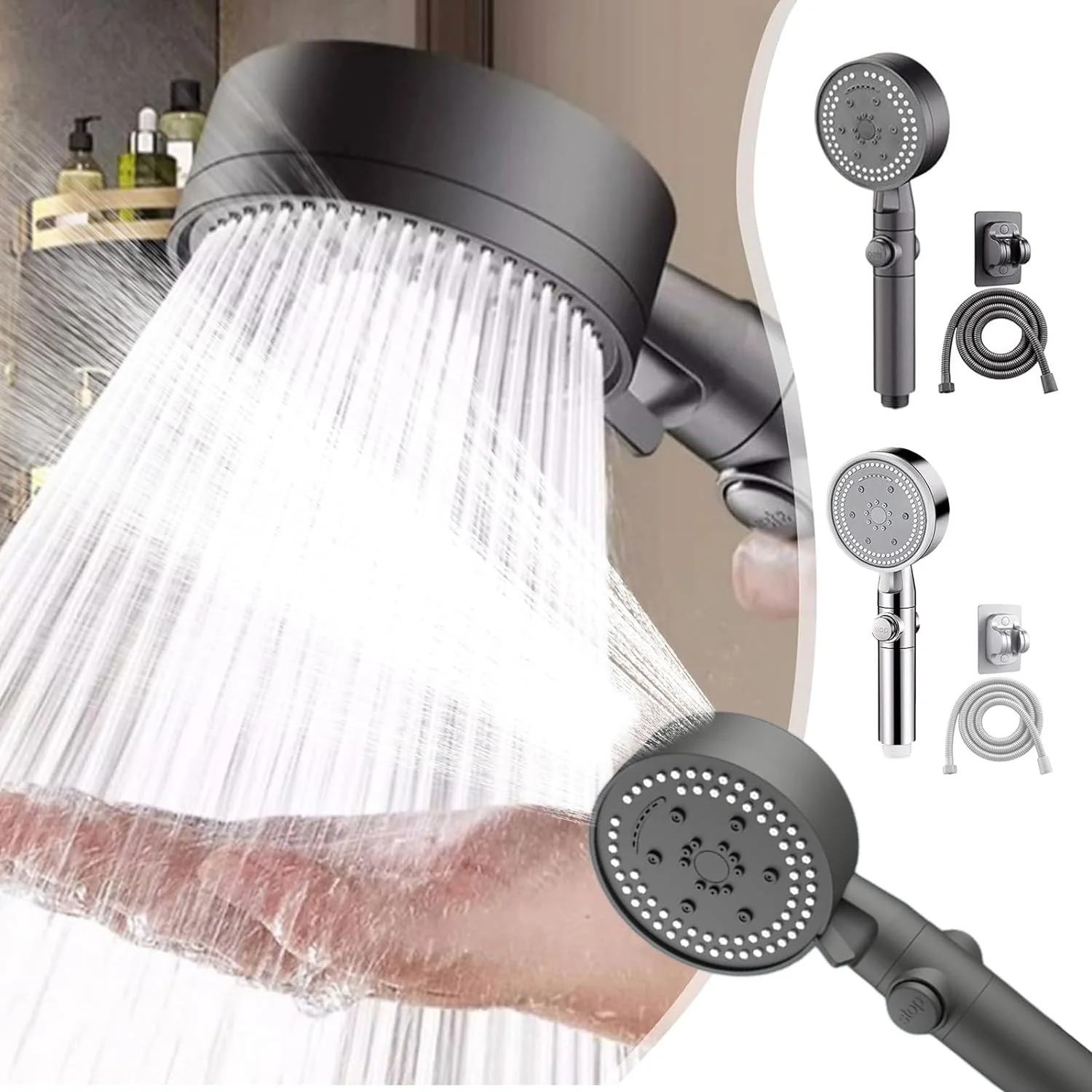 Shower Head With Handheld - High Pressure 8 Spray Modes, Body Coverage Powerful Rain Showerhead, 78in Long Hose, New Adjustable Holders For Bathroom Upgrade (Gray)