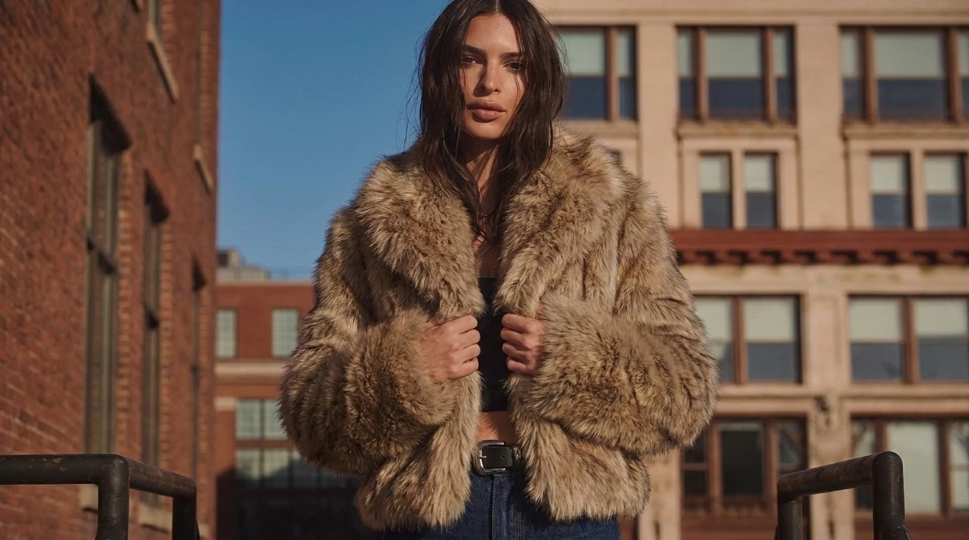 Woman wearing a brown short faux fur jacket on a city street