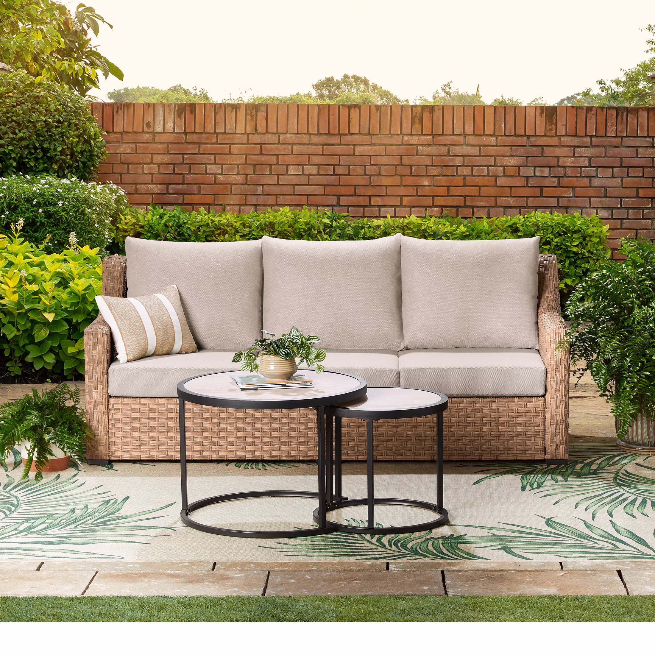 Better Homes & Gardens River Oaks Outdoor Sofa & 2 Nesting Tables with Patio Cover, Natural