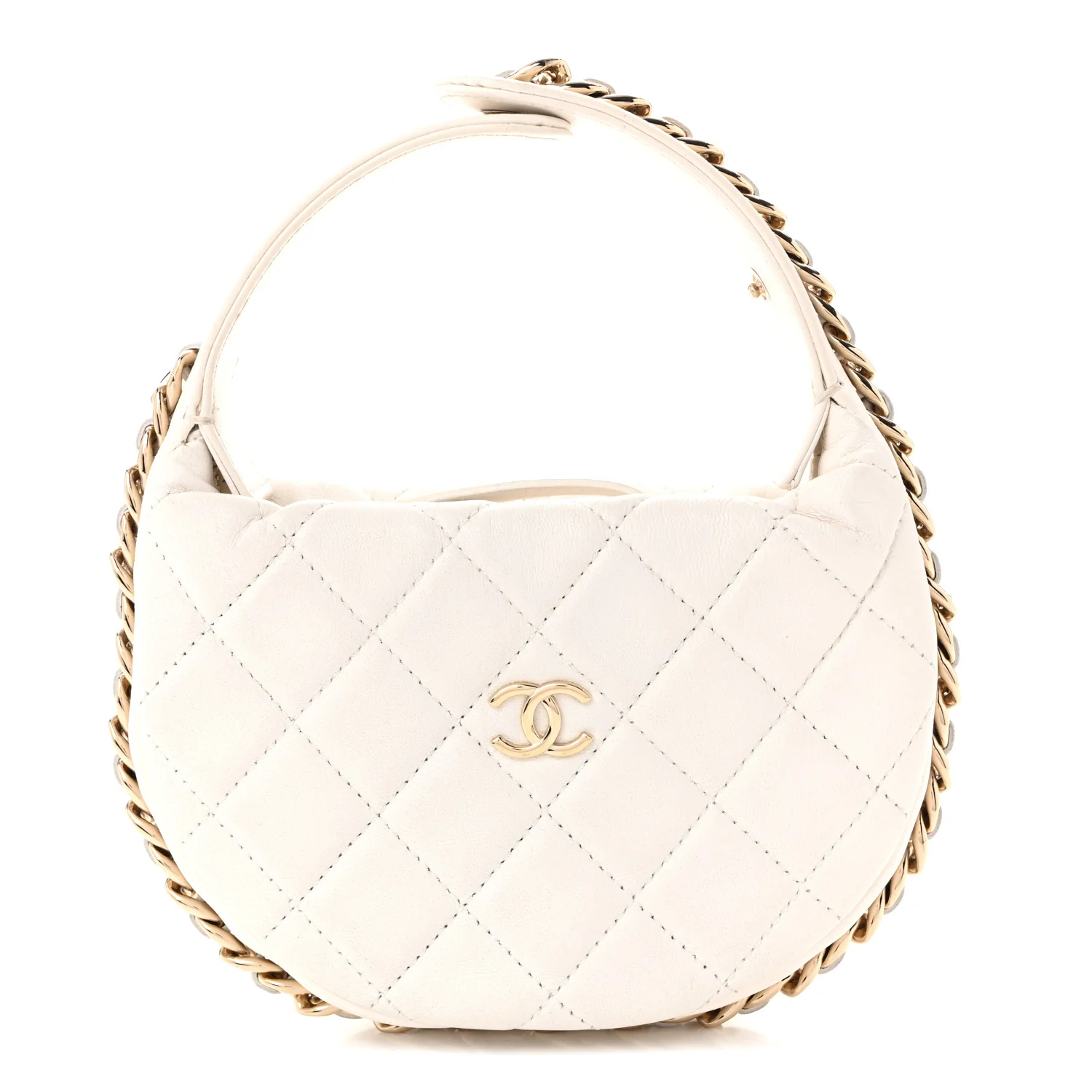 Lambskin Quilted Chain Around Pouch Hobo White