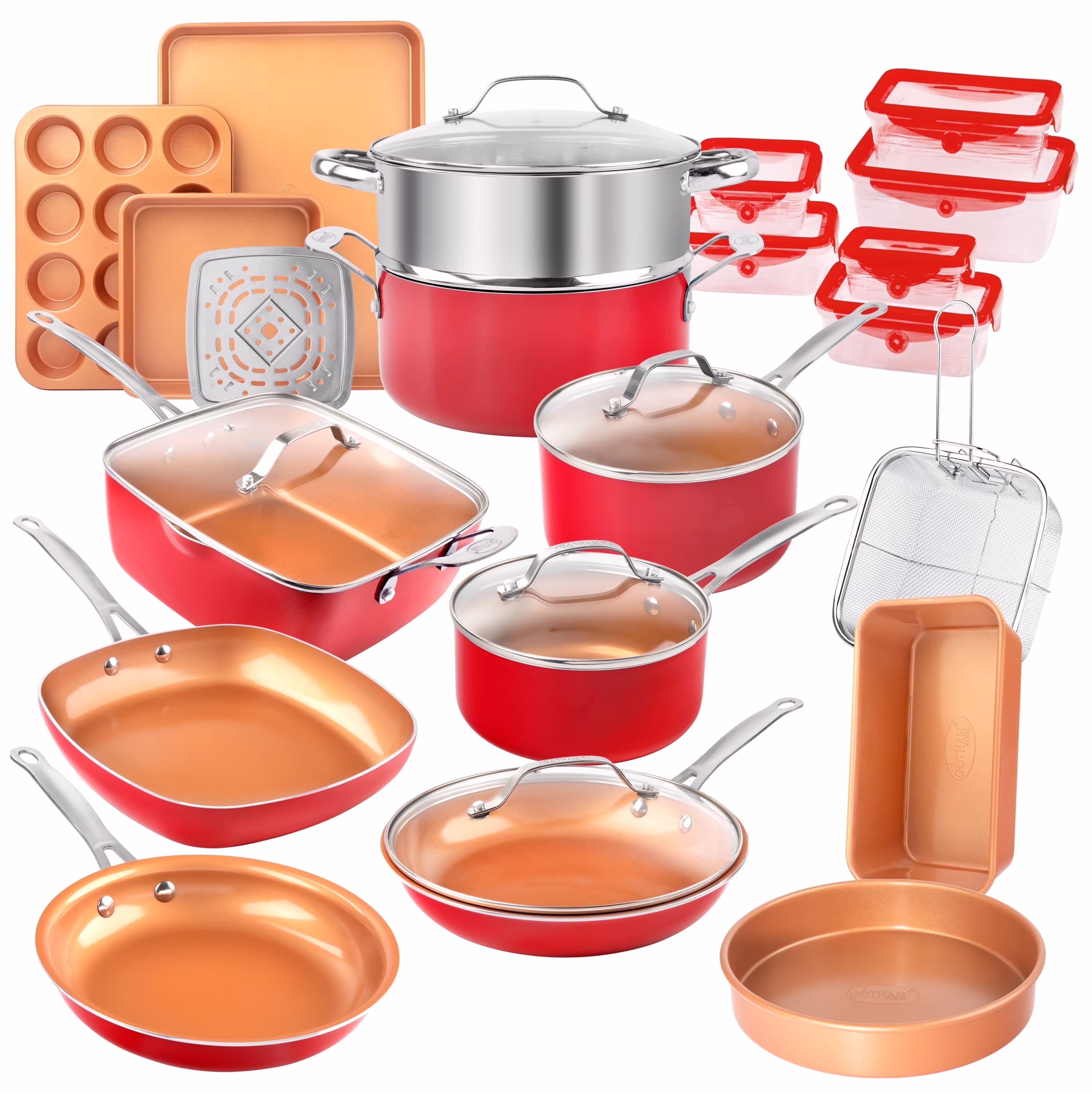 32 Pcs Pots and Pans Set Non Stick, Cookware Set with Bakeware and Premium Food Storage Set Nonstick Pots and Pans Set, Red(Red)